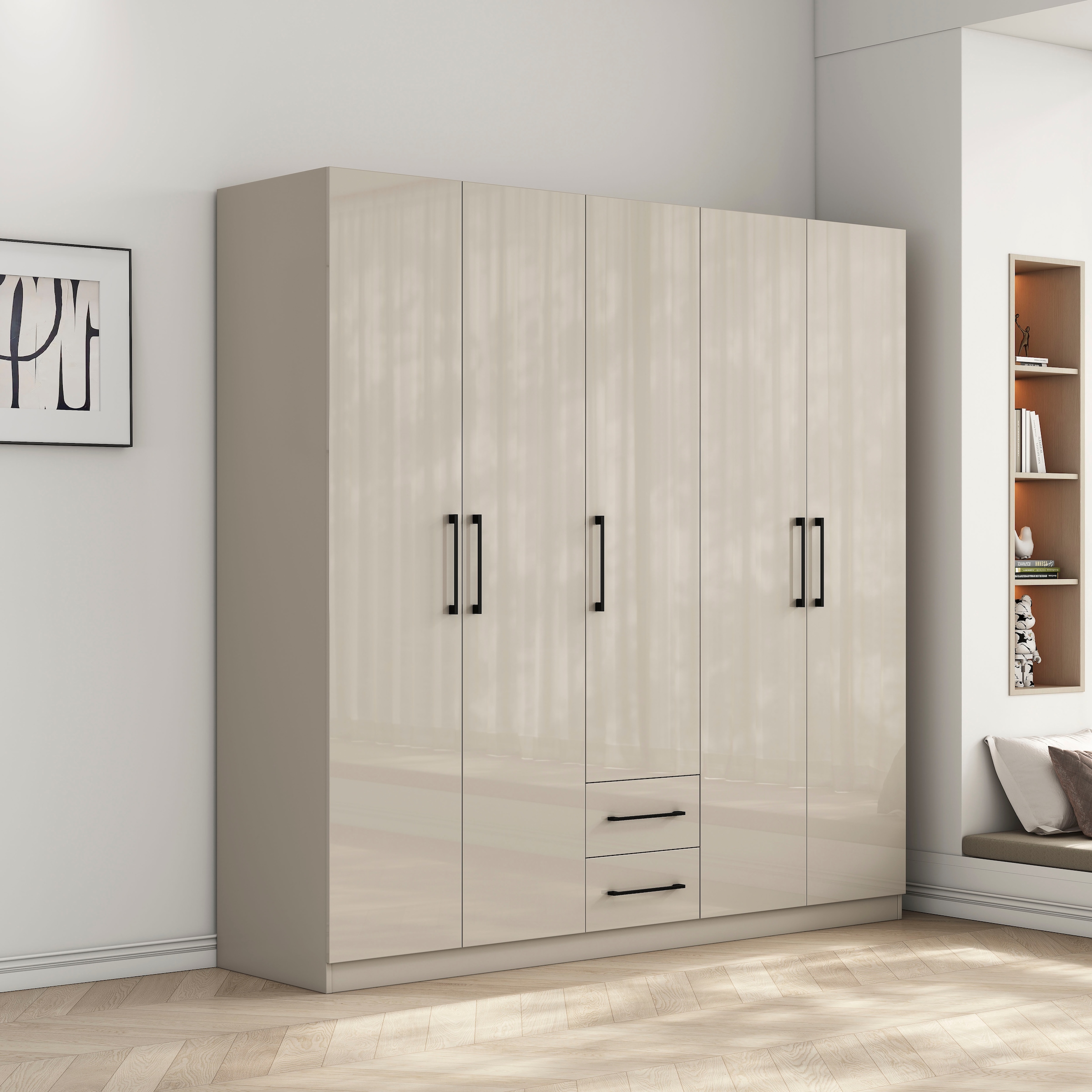 OTTO home Kleiderschrank »Sylt Schlafzimmerschrank Garderobe Schrank TOPSELLER in hochglanz weiß« 5 Türen, 2 Schubladen, schwarze moderne Griffe, 7 Einlegeböden,  Drehtürenschrank mit perfekter Innenausstattung, Breite 200cm