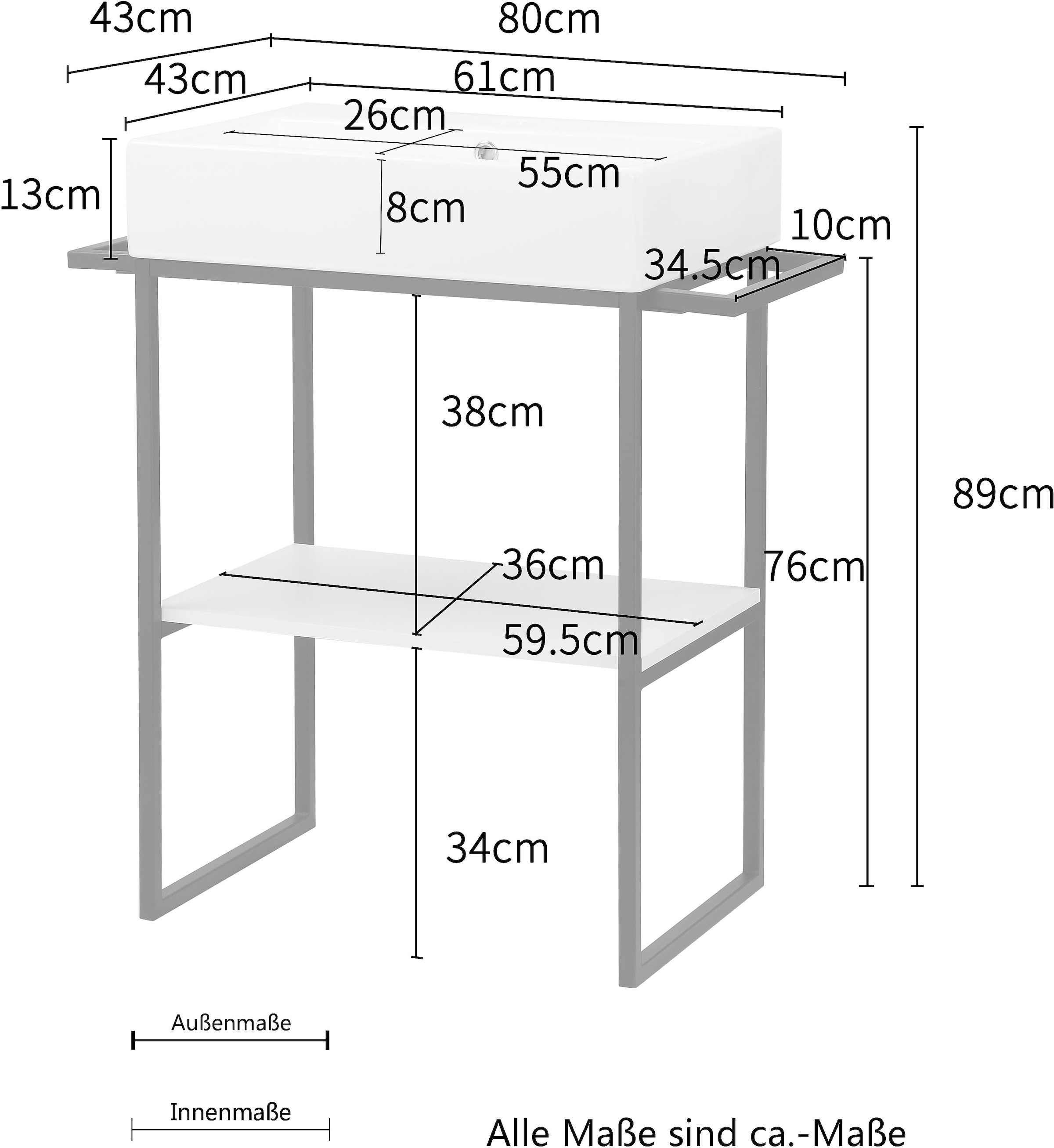 welltime Waschtisch »Stockholm«, Badmöbel Metalloptik inkl. Becken, Breite 60 cm Waschplatz