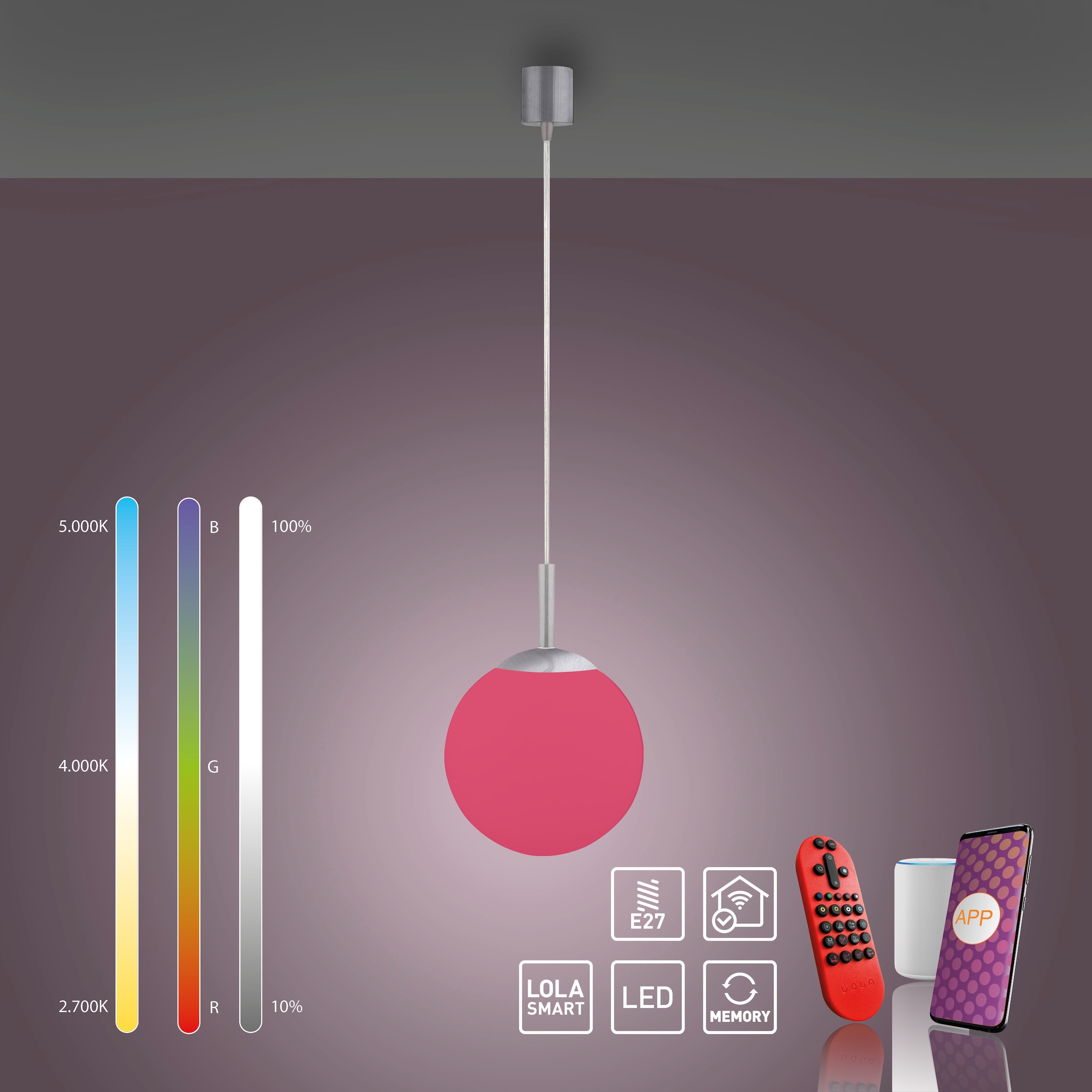 JUST LIGHT Pendelleuchte »Ls-BOLO«, 1 flammig, Leuchtmittel LED-Board | LED fest integriert, LED, RGB+tunable white, Fernbedienung, Infrarot inkl., Smarthome fähig