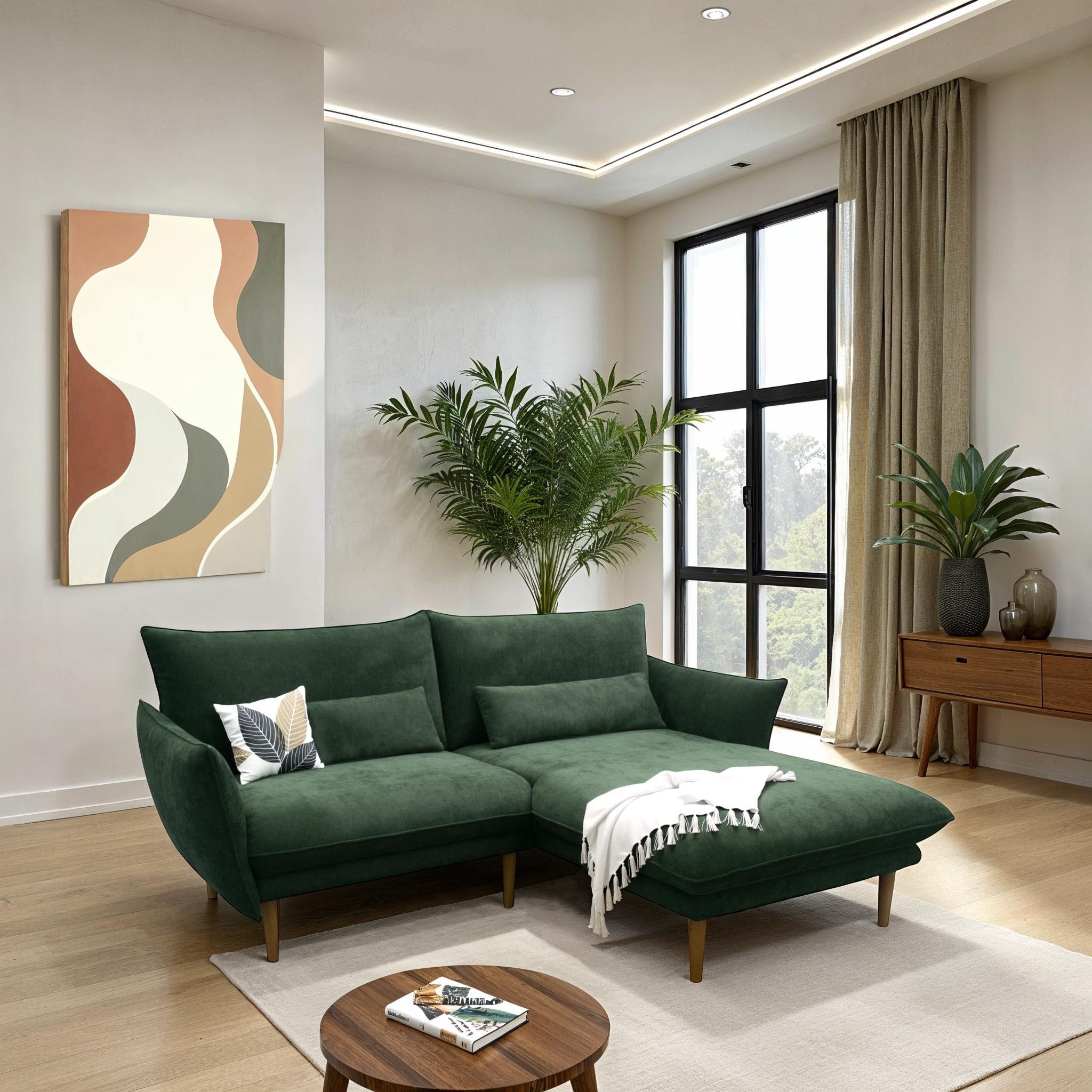 DOMO collection Ecksofa »Leuven kompakte Stellmaße, Breite 200 cm, schmale Armlehnen, L-Form« angenehm feste Polsterung, bodenfrei, 19 cm hohe Holzfüße