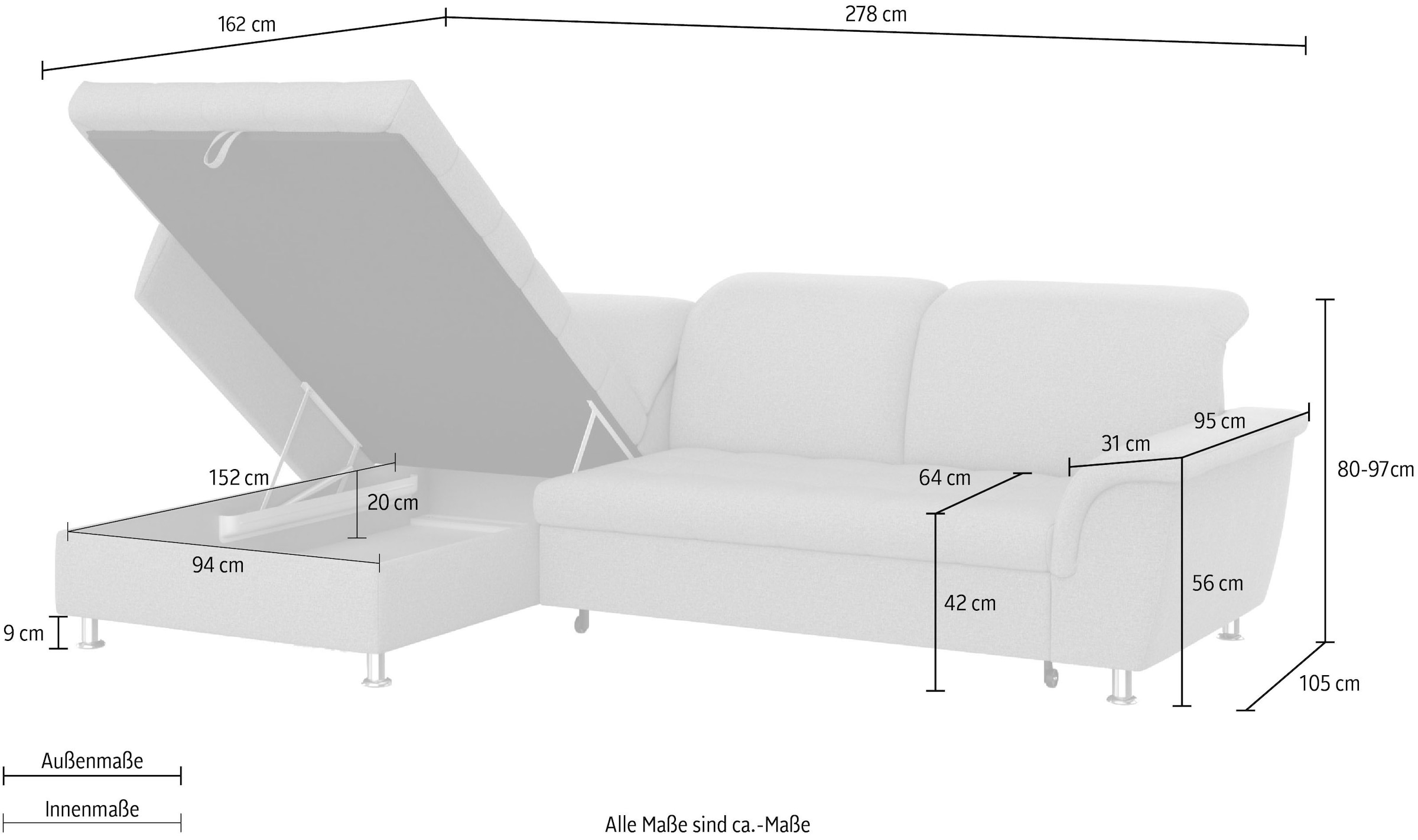 DOMO collection Ecksofa Franzi, wahlweise mit Bettfunktion, Bettkasten und Kopfteilverstellung