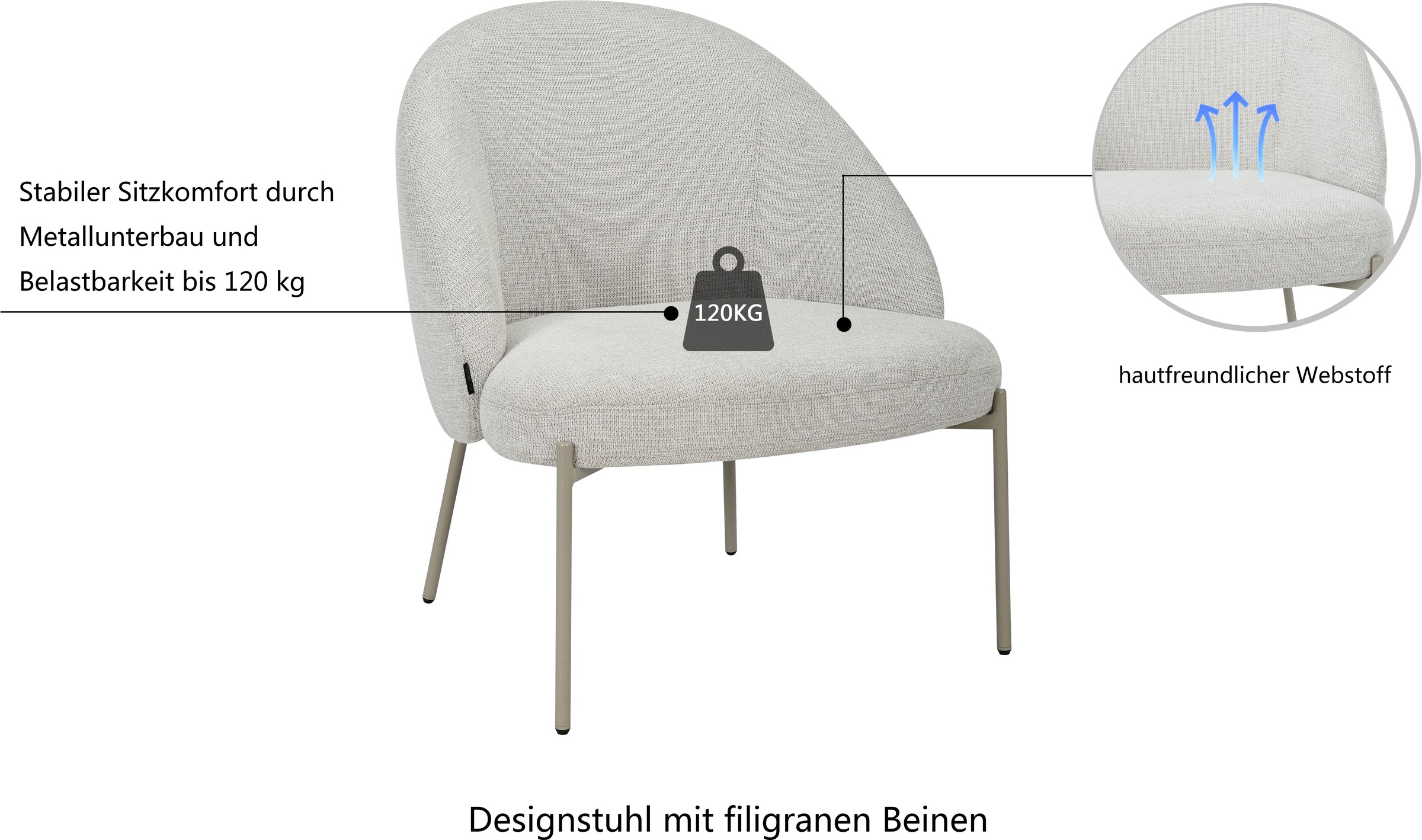 INOSIGN Loungesessel »MOVILLE Designstuhl mit filigranen Metallbeinen«, Cocktailsessel, farblich abgestimmte Metall-Beine, Webstoff