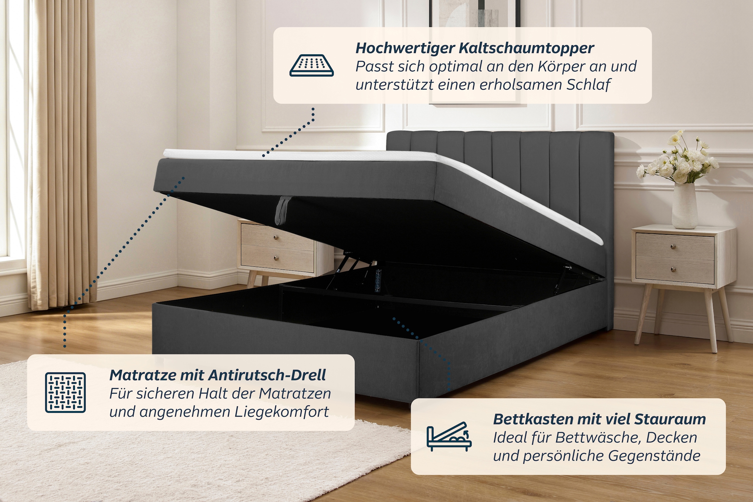 OTTO home Boxbett »HAILEYY, Polsterbett mit Bettkasten, inkl. Taschenfederkernmatratze H3« mit Kaltschaumtopper, Chenille-Bezug, 140x200 & 180x200 cm