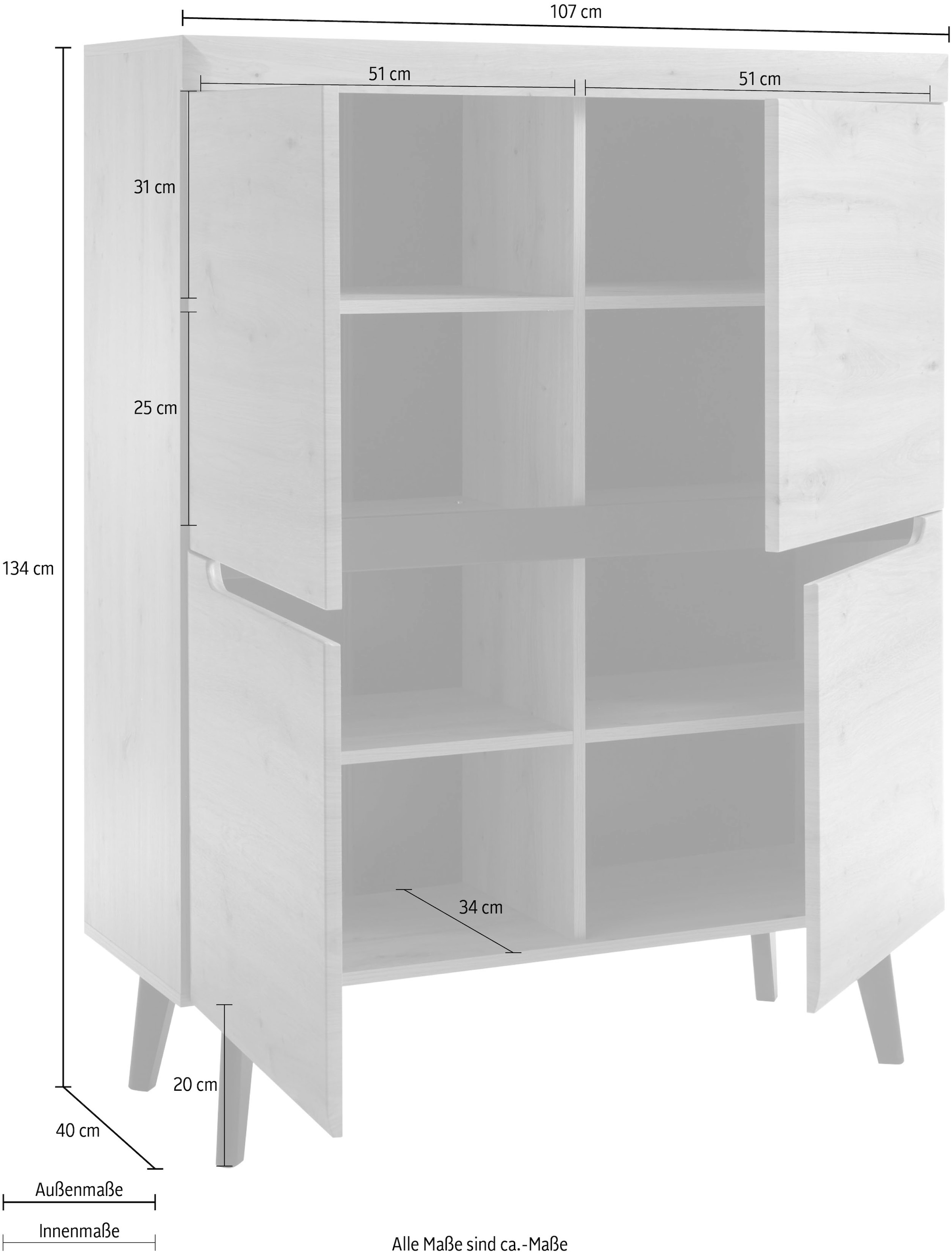 INOSIGN Highboard »Torge, Kommode, Schrank, Sideboard, Anrichte, Mehrzweckschrank«, (1 St.), abgeschrägte Füße, drei Farben, Scandi Design, 107 cm breit