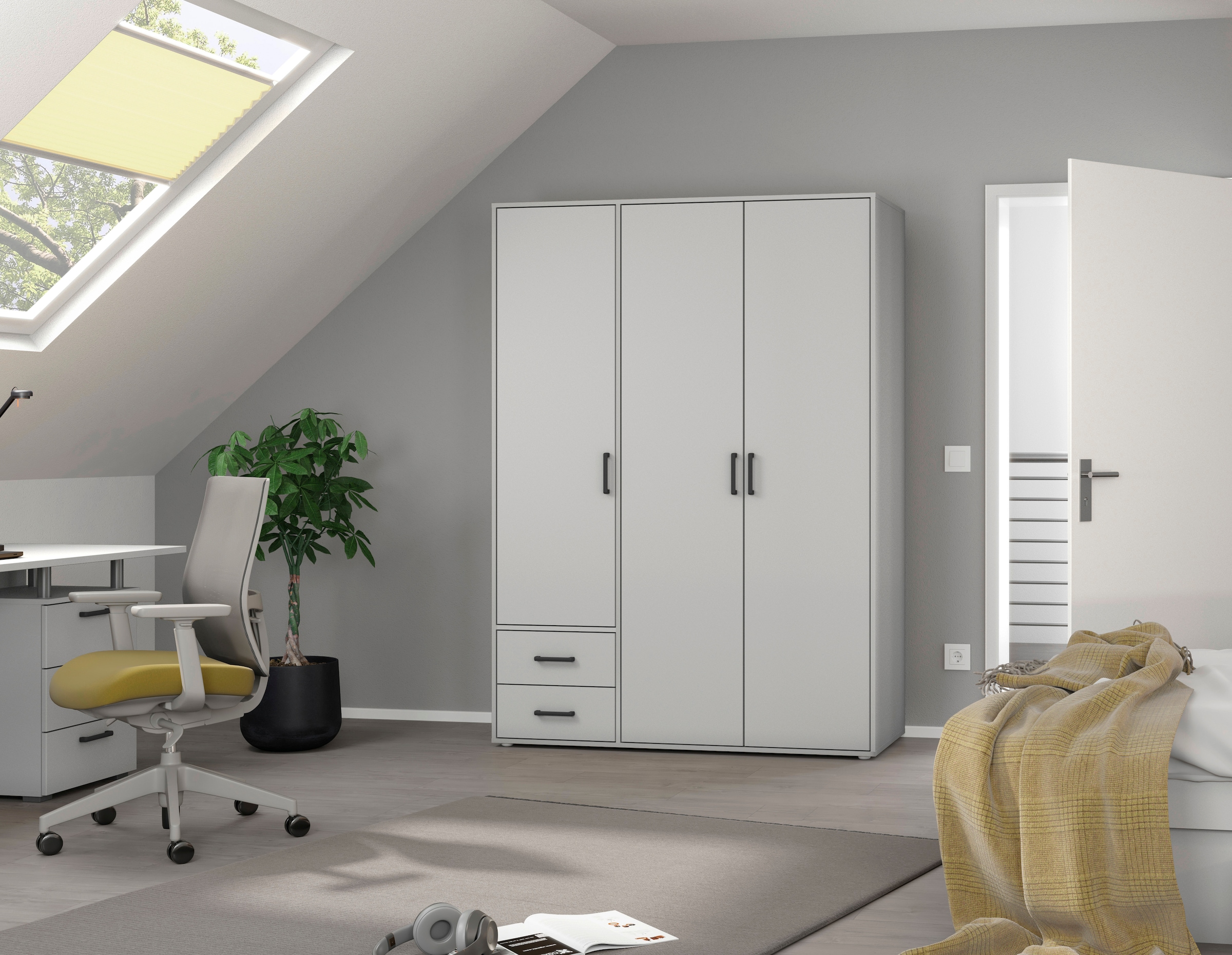 rauch Drehtürenschrank »Kleiderschrank Schrank Garderobe Wäscheschrank VOYAGER«, (in 3 verschiedenen Ausstattungen BASIC/CLASSIC/PREMIUM), moderne Griffe in Graumetallic mit Außenschubkästen MADE IN GERMANY