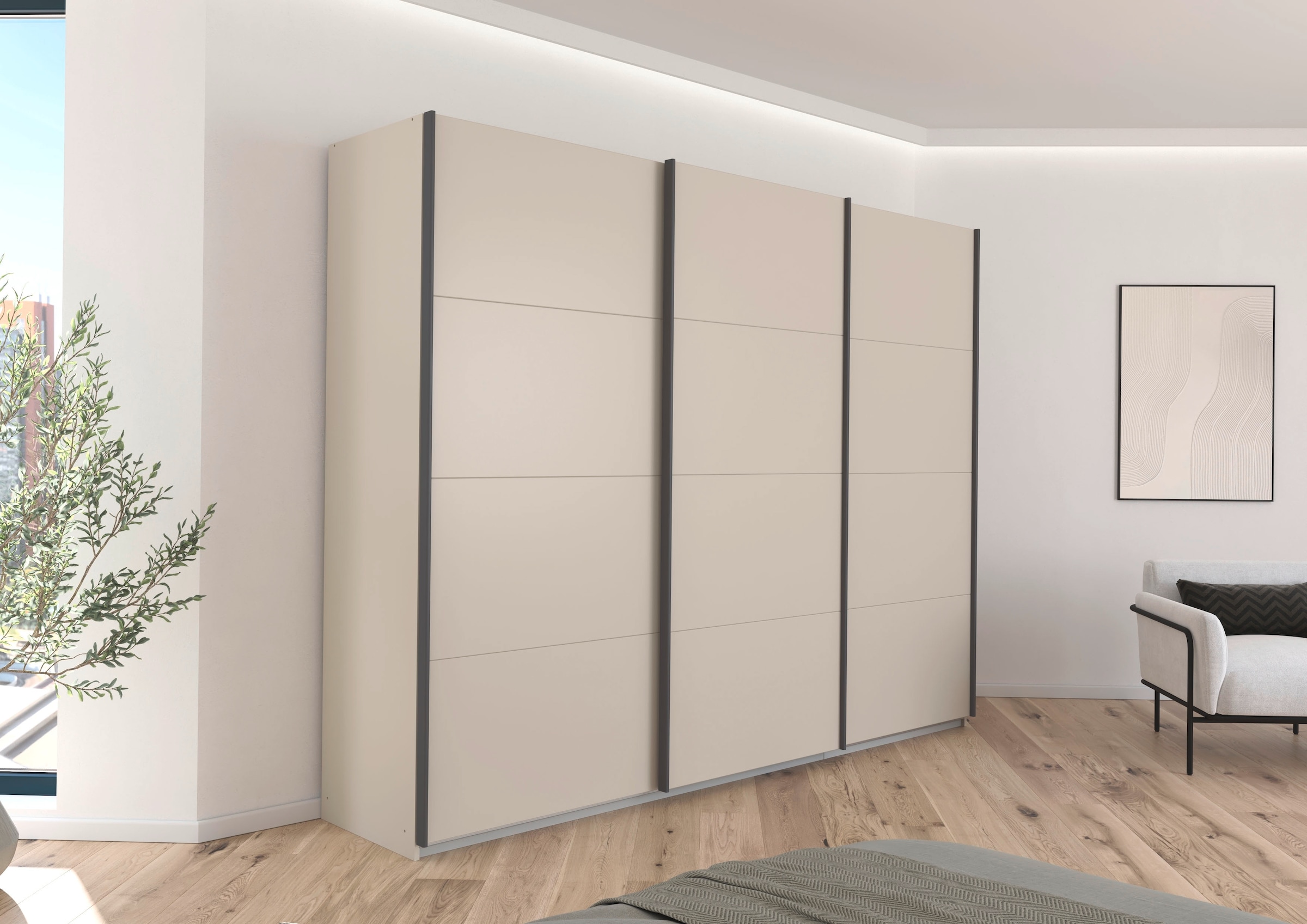 rauch Schwebetürenschrank »Kleiderschrank Schrank Garderobe AGORDO mit Dekor- oder Hochglanzfront«, (in zwei Griff-Farben), durchdachte Innenausstattung, in 4 Breiten und 2 Höhen MADE IN GERMANY