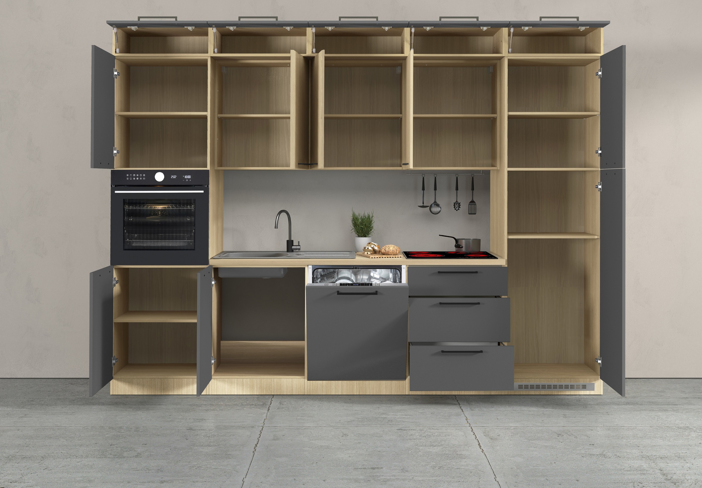 KOCHSTATION Küchenzeile »Luna, Einbauküche, Zeilenküche, mit Soft-Close Funktion, Made in Italy« Breite 300 cm ohne E-Geräte, mit Spüle+Siphon und Aufsatz