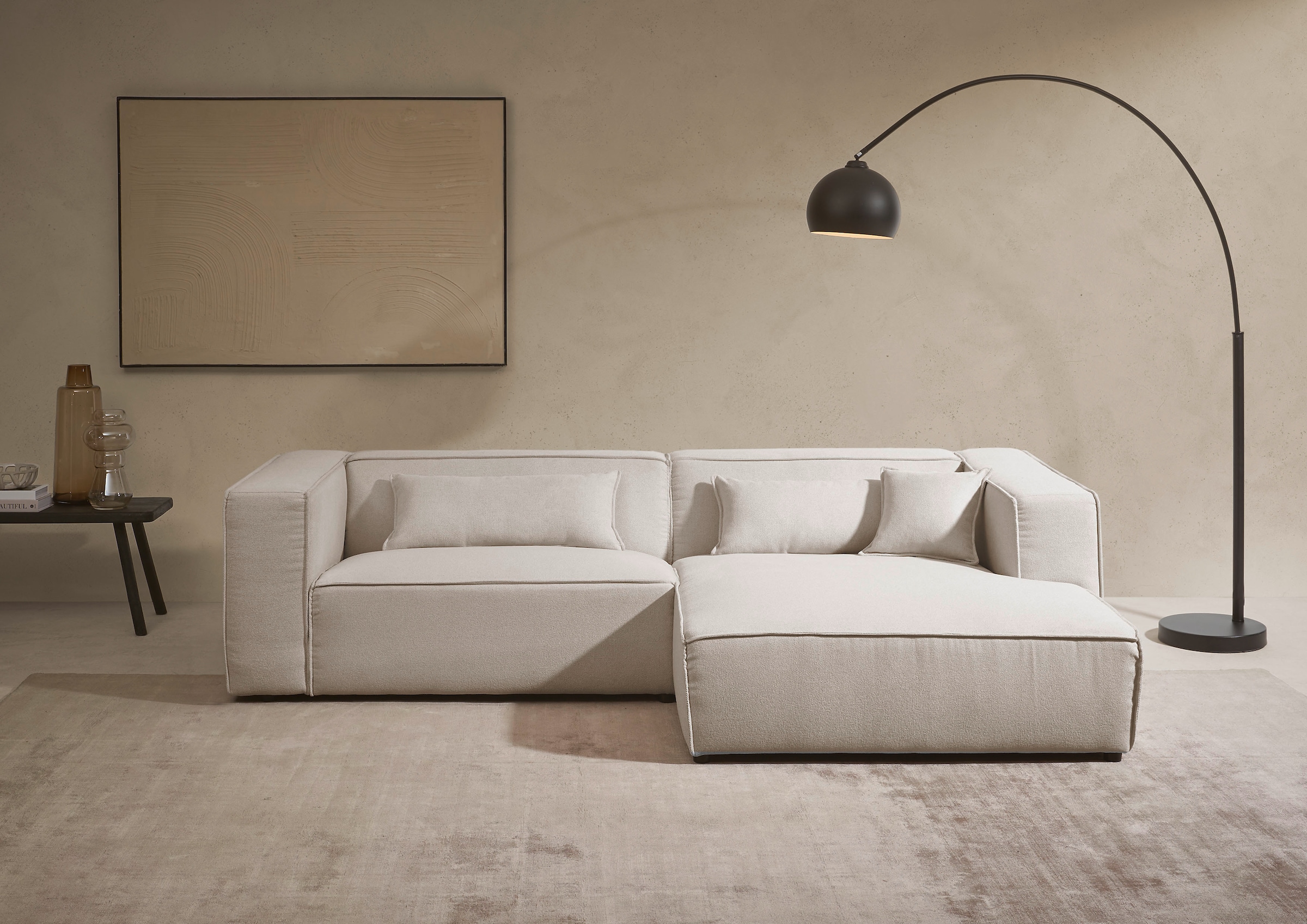 LeGer Home by Lena Gercke Ecksofa »PIARA mit Kedernaht in Cord oder Leinenoptik, moderne Couch in L-Form«, wahlweise Ottomane rechts/links, schwarze Füße, bequemer Sitzkomfort