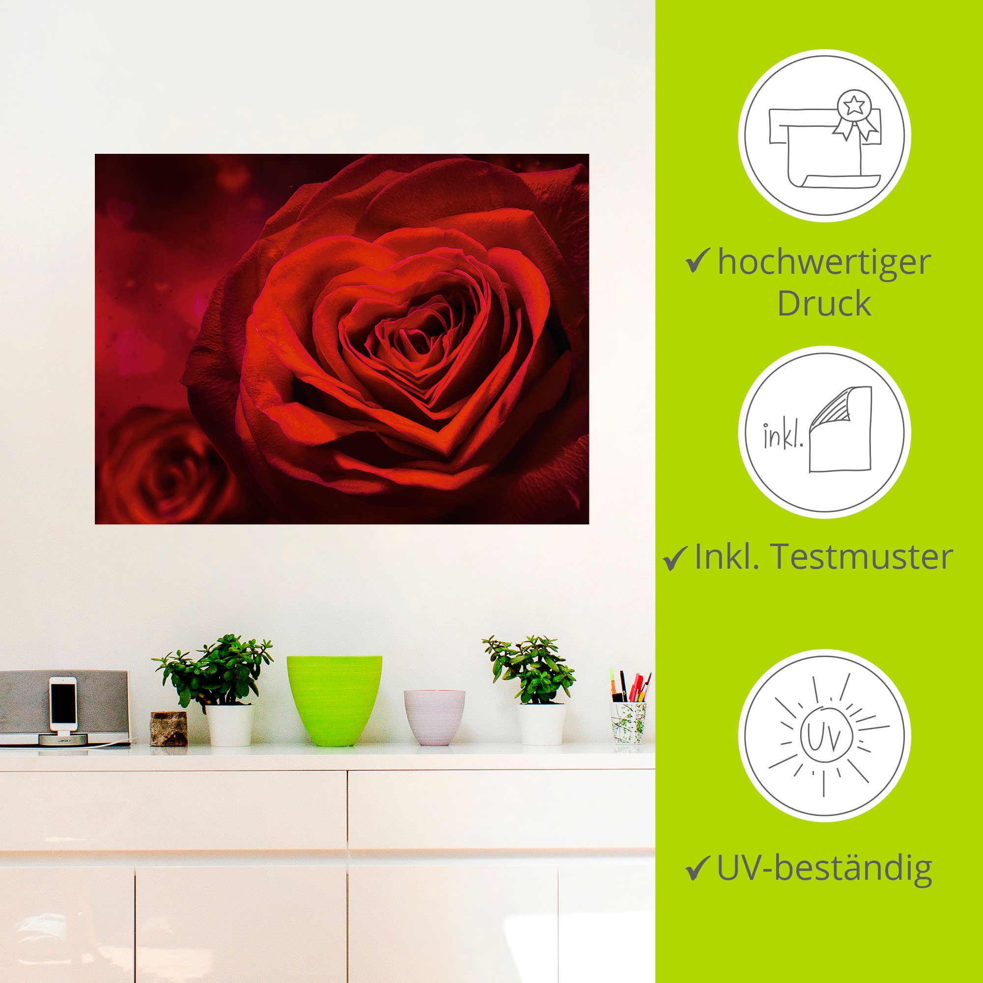 Artland Wandbild »Valentinseinladung mit Herzen und Rosen«, Blumen, (1 St.), als Leinwandbild, Poster, Wandaufkleber in verschied. Größen