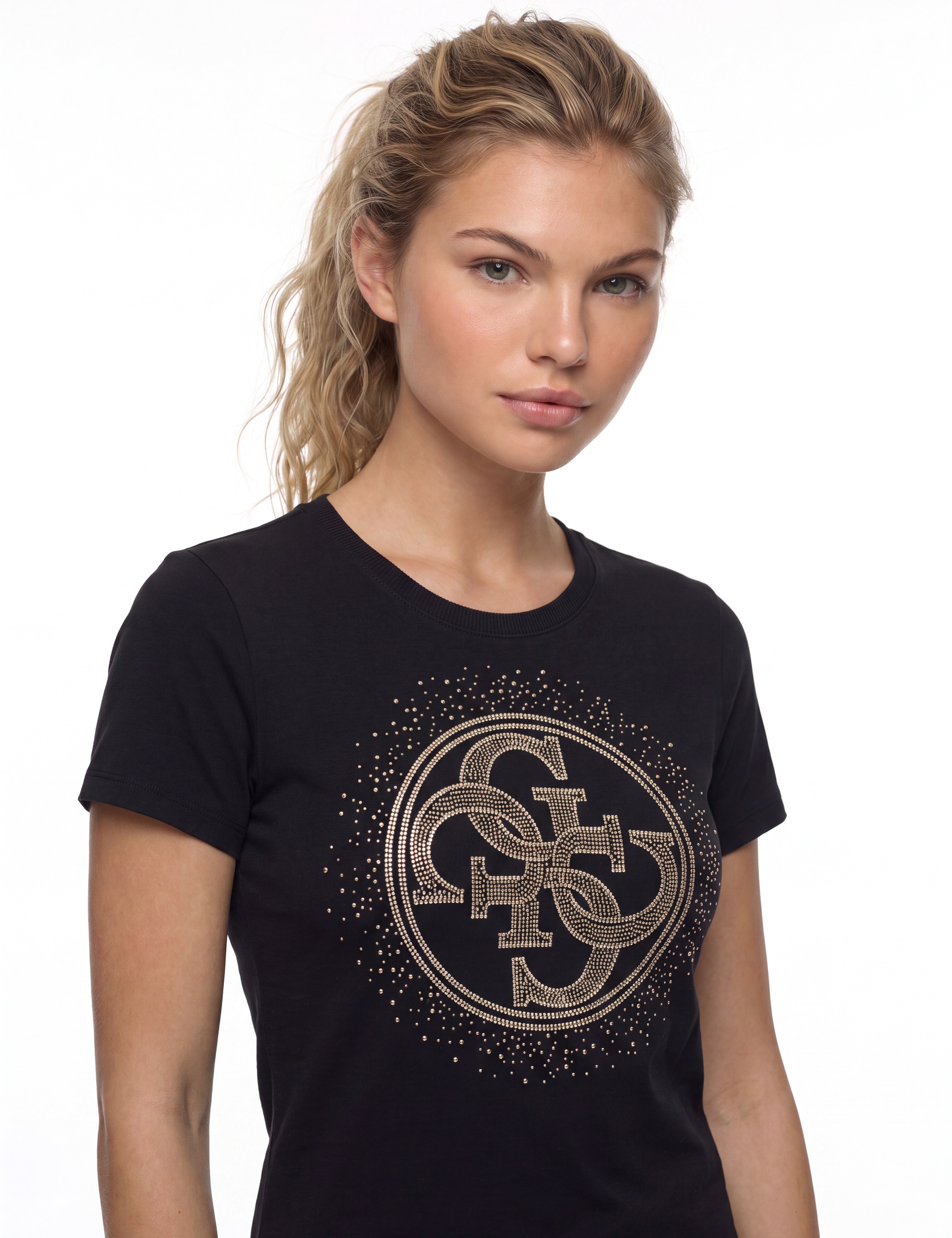 Guess T-Shirt »CN 4G ROUND CRYSTALS LOGO« mit markantem Logodesign, Regular Fit
