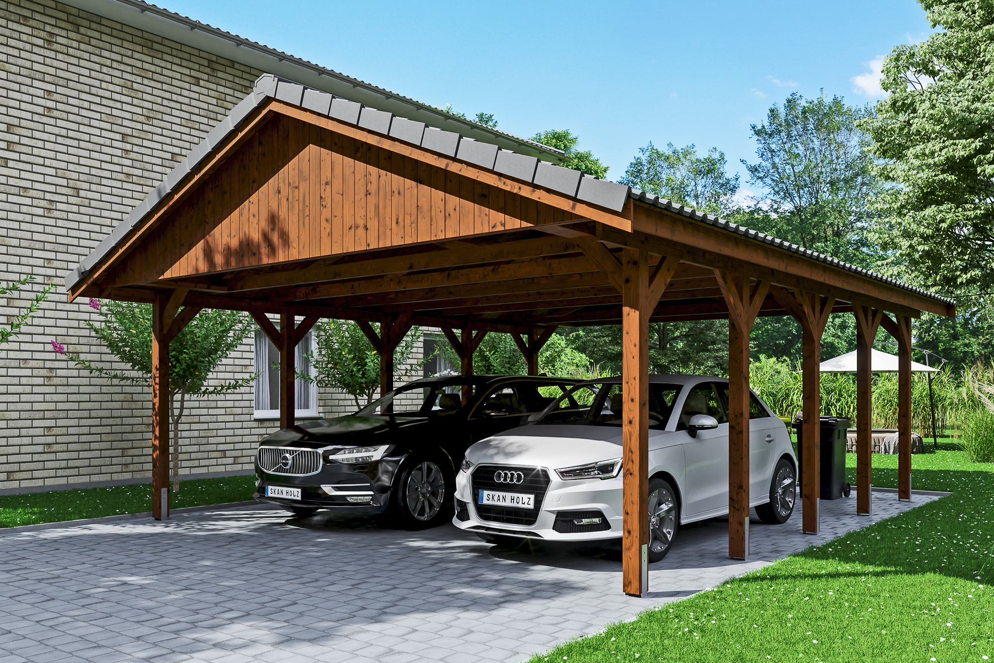 Skanholz Doppelcarport »Wallgau«, Nadelholz, 530 cm, Nussbaum, 620x750cm, mit Dachlattung