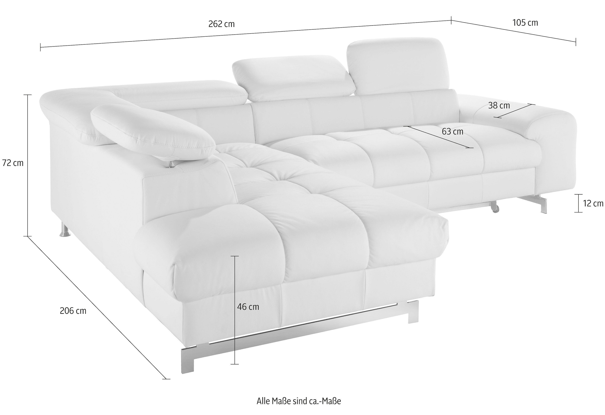 COTTA Ecksofa »Chef L-Form« mit Kopfteilverstellung, edle Metallkufen, wahlweise mit Bettfunktion