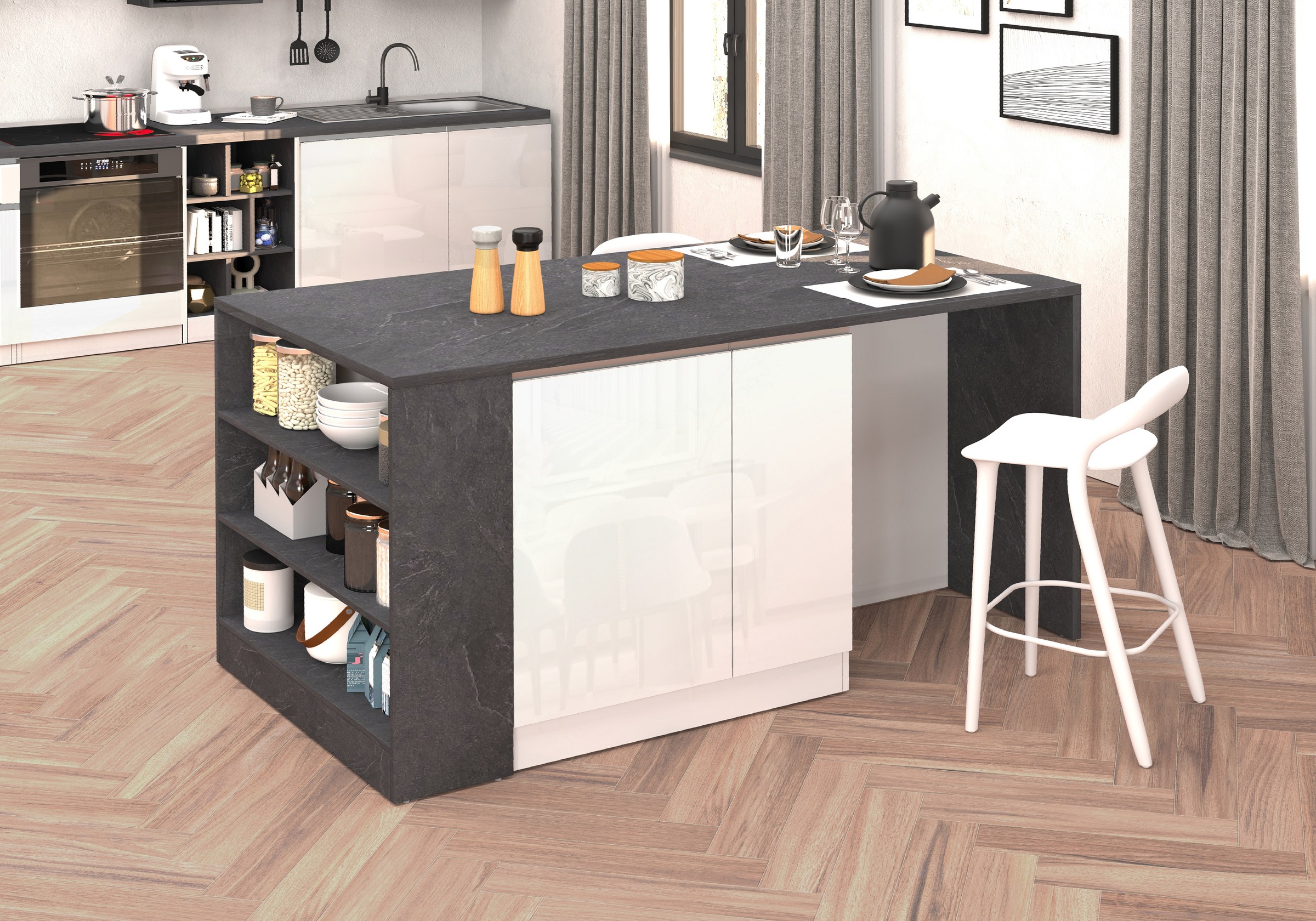 KOCHSTATION Kücheninsel »KS-Sole, Kochinsel, Küchenarbeitsblock, Arbeitsinsel, Made in Italy« Breite 167,5 cm, 2 Apothekerauszüge, 2 Essplätze, 1 offenes Regal