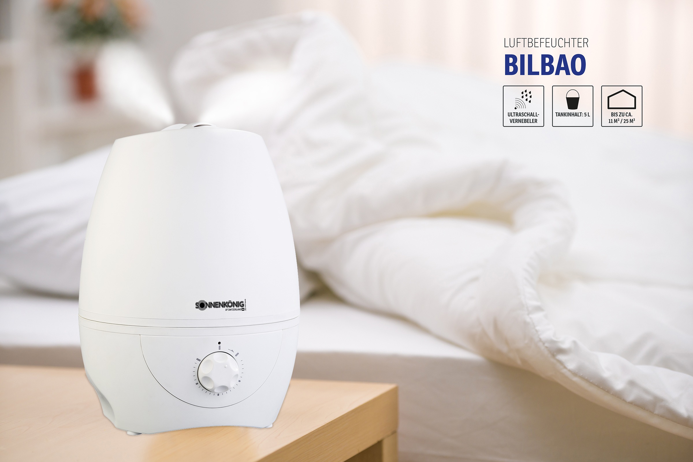 Sonnenkönig Luftbefeuchter »Bilbao, 5L Tank, 0.35L/h, Auto-Off, inkl. Filter zum Entkalken,«, einfache Bedienung, laufruhig
