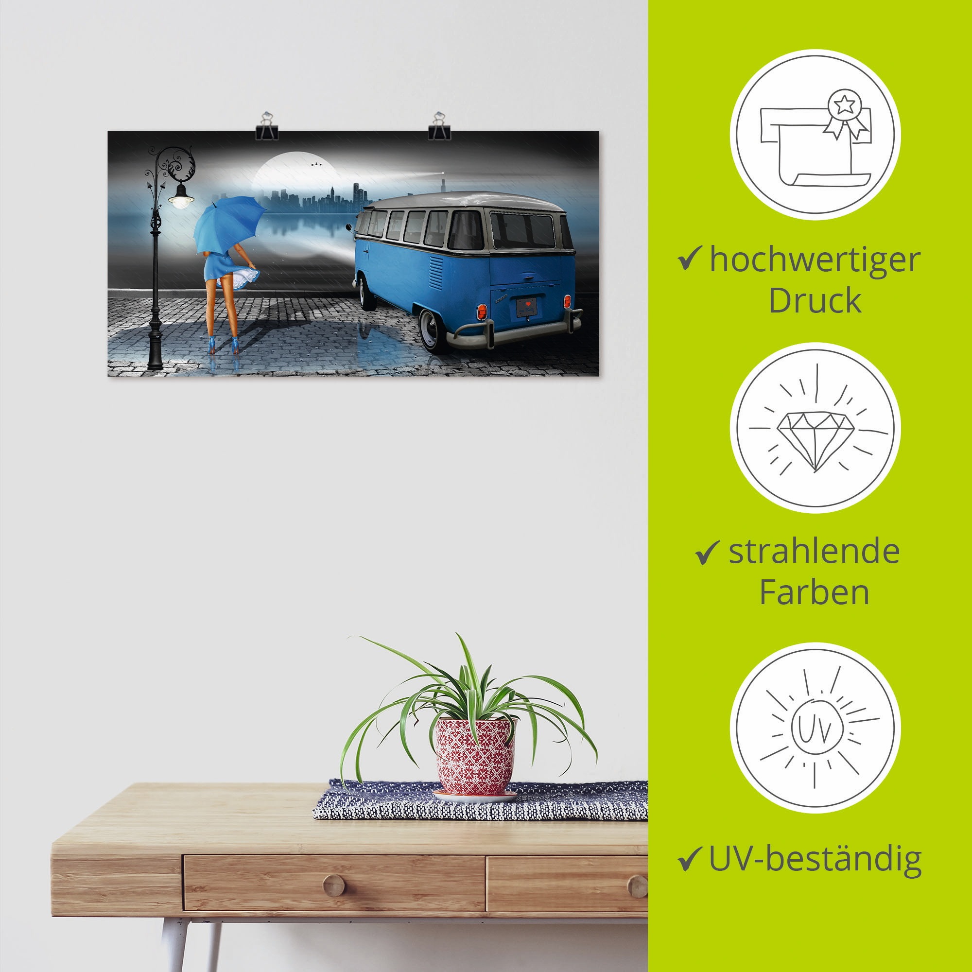 Artland Wandbild »Regennacht in Blau mit Bulli T1«, Auto, (1 St.), als Leinwandbild, Poster, Wandaufkleber in verschied. Größen