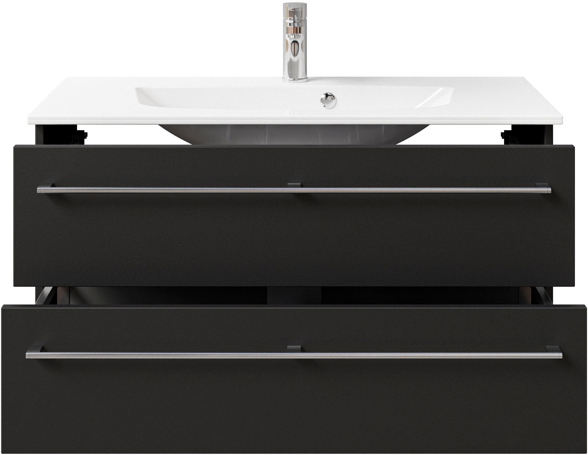 Saphir Badmöbel-Set »Serie 6025 2-teilig Mineralmarmor-Waschtisch mit LED-Spiegelschrank«, (2 St.), Waschplatz 97 cm breit, 2 Schubladen, 3 Spiegel-Türen, inkl Türdämpfer