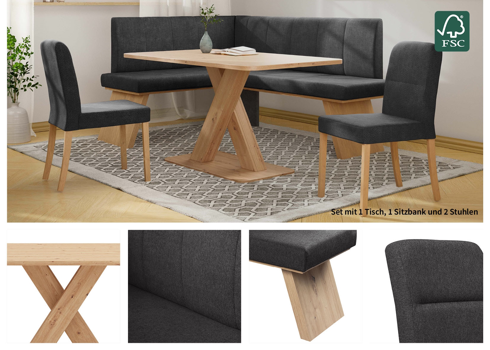 Home affaire Eckbankgruppe »Nina«, (Set, 4 tlg., 4er), Sitzgruppe Esszimmer Stühle Tisch und Bank bequem gepolstert