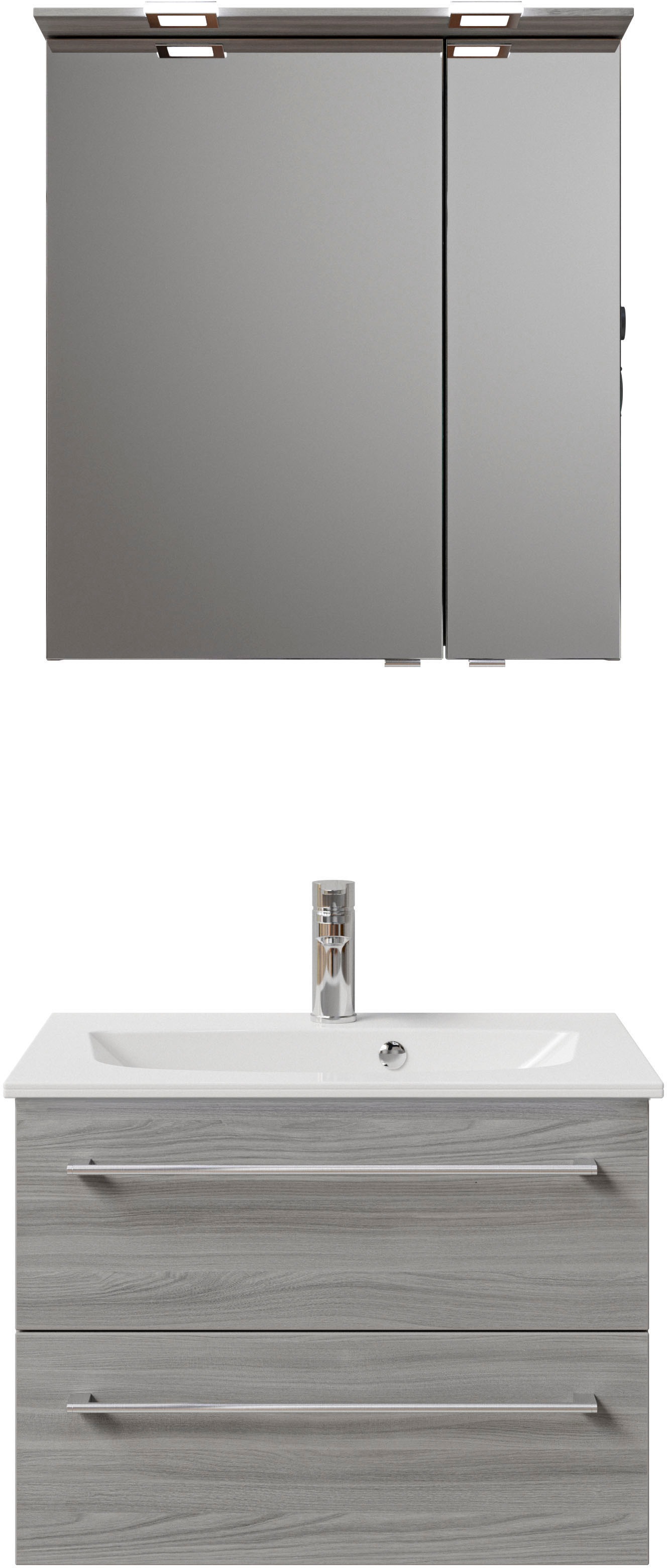 Saphir Badmöbel-Set »Serie 6025 2-teilig Mineralmarmor-Waschtisch mit LED-Spiegelschrank«, (2 St.), Waschplatz 67 cm breit, 2 Schubladen, 2 Spiegel-Türen, inkl Türdämpfer