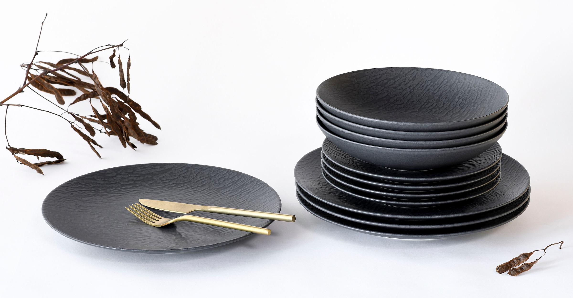 CreaTable Teller-Set »Schiefer Black«, (Set, 12 tlg.), robuste, kratzfeste, seidenmatte Glasur