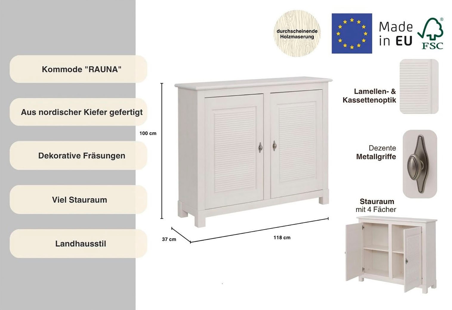 Home affaire Kommode »Rauna«, Breite 118 cm, aus massiver Kiefer