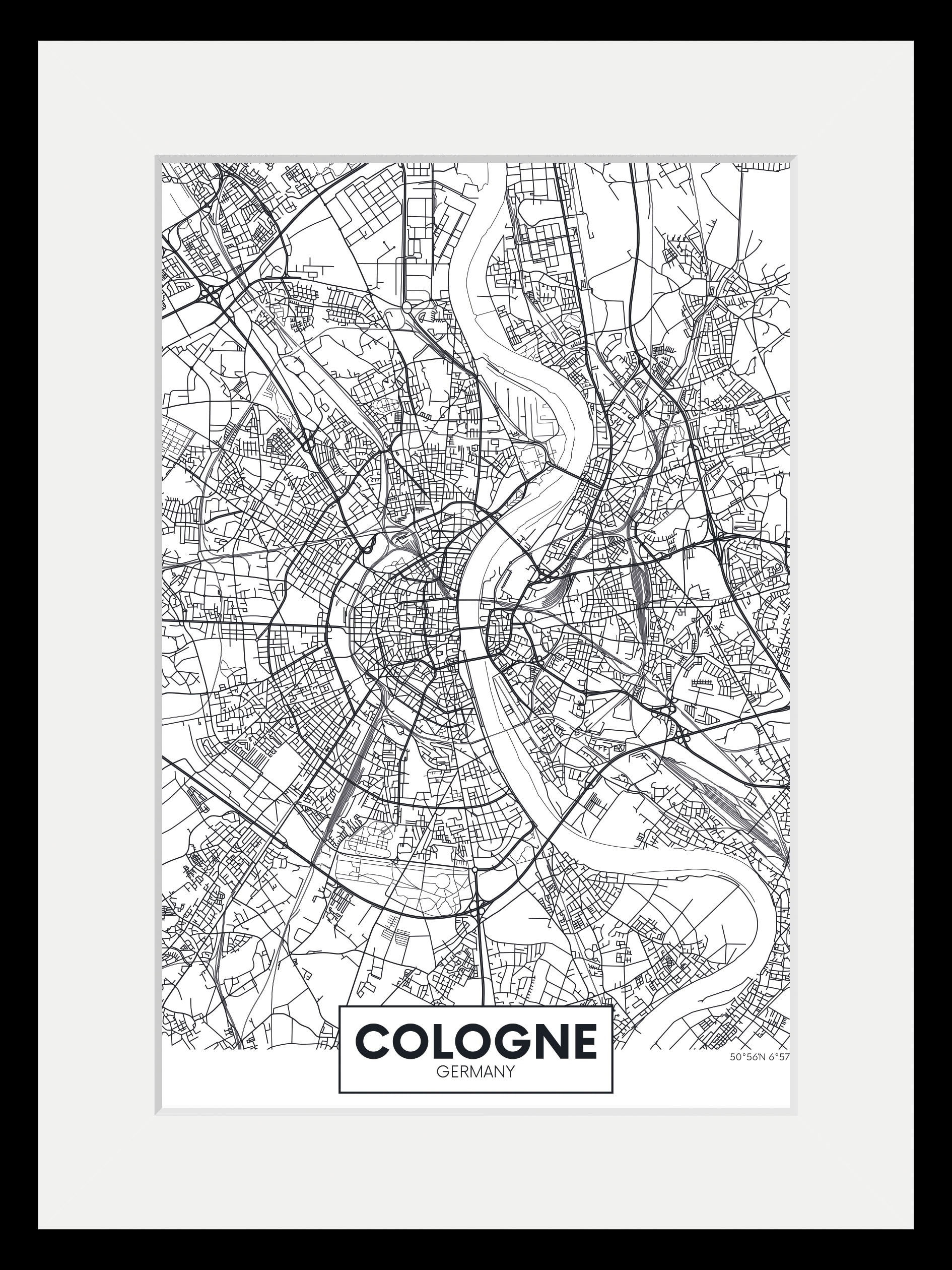 queence Bild »Köln Stadtkarte«, Städte-Stadt-Deutschland-Gebäude-Schriftzug-Köln, (1 St.), HD Premium Poster-Druck inkl. Holzrahmen