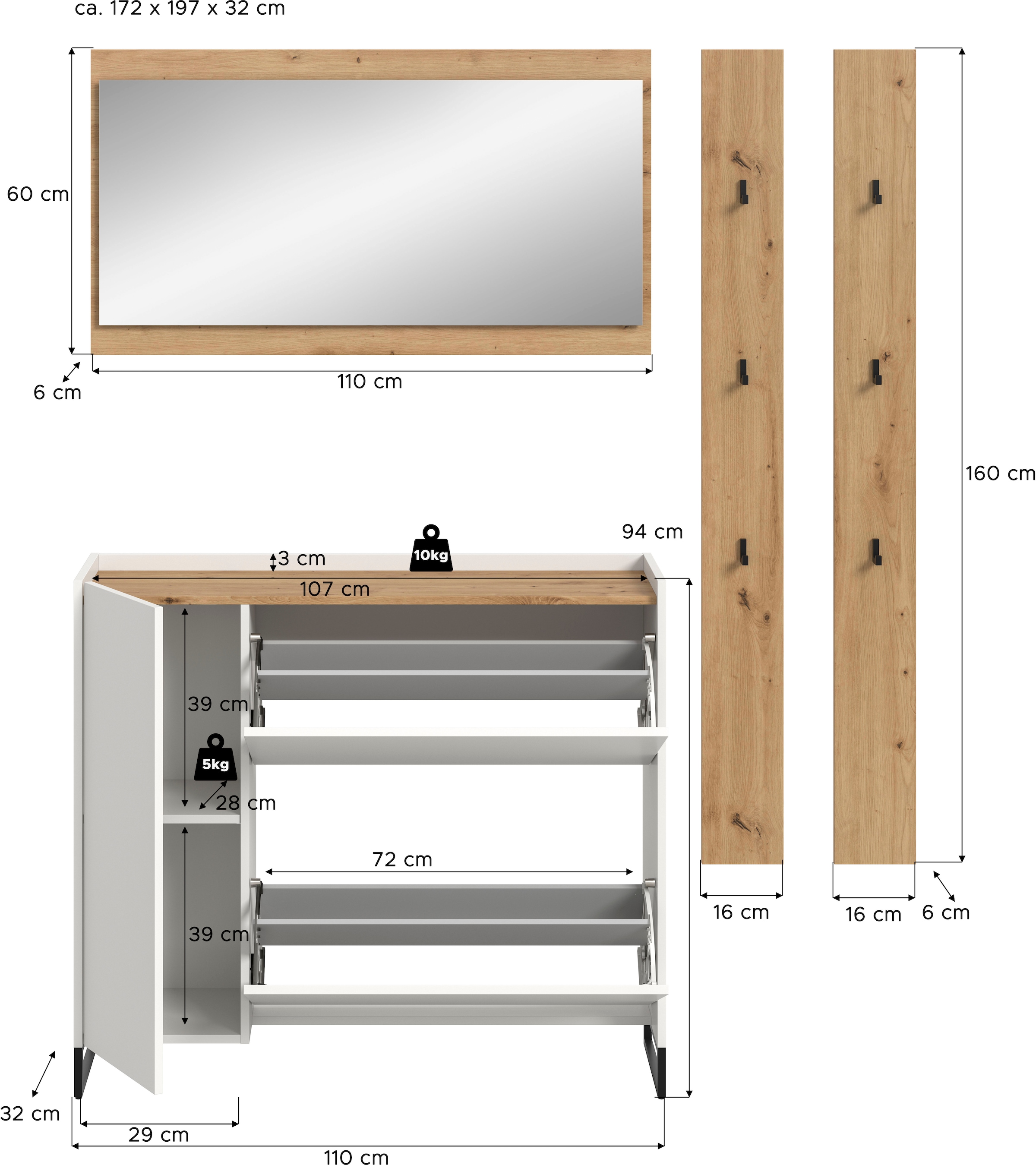 INOSIGN Garderoben-Set »EVRID, 4-teilig, Breite 172 cm, individuell stellbar & erweiterbar« best. aus: Kommode, Spiegel & 2x Hakenleiste, 4 Stk. tlg.