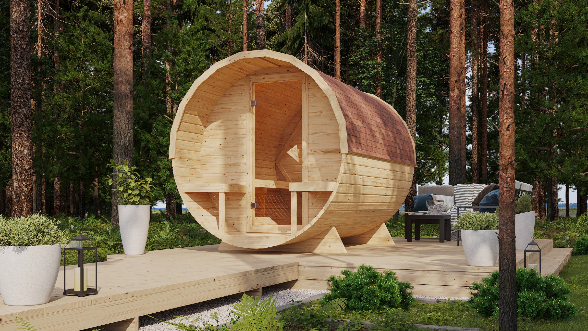KONIFERA Fasssauna »Lathy XL«, 9-kW-Ofen mit integrierter Steuerung günstig online kaufen