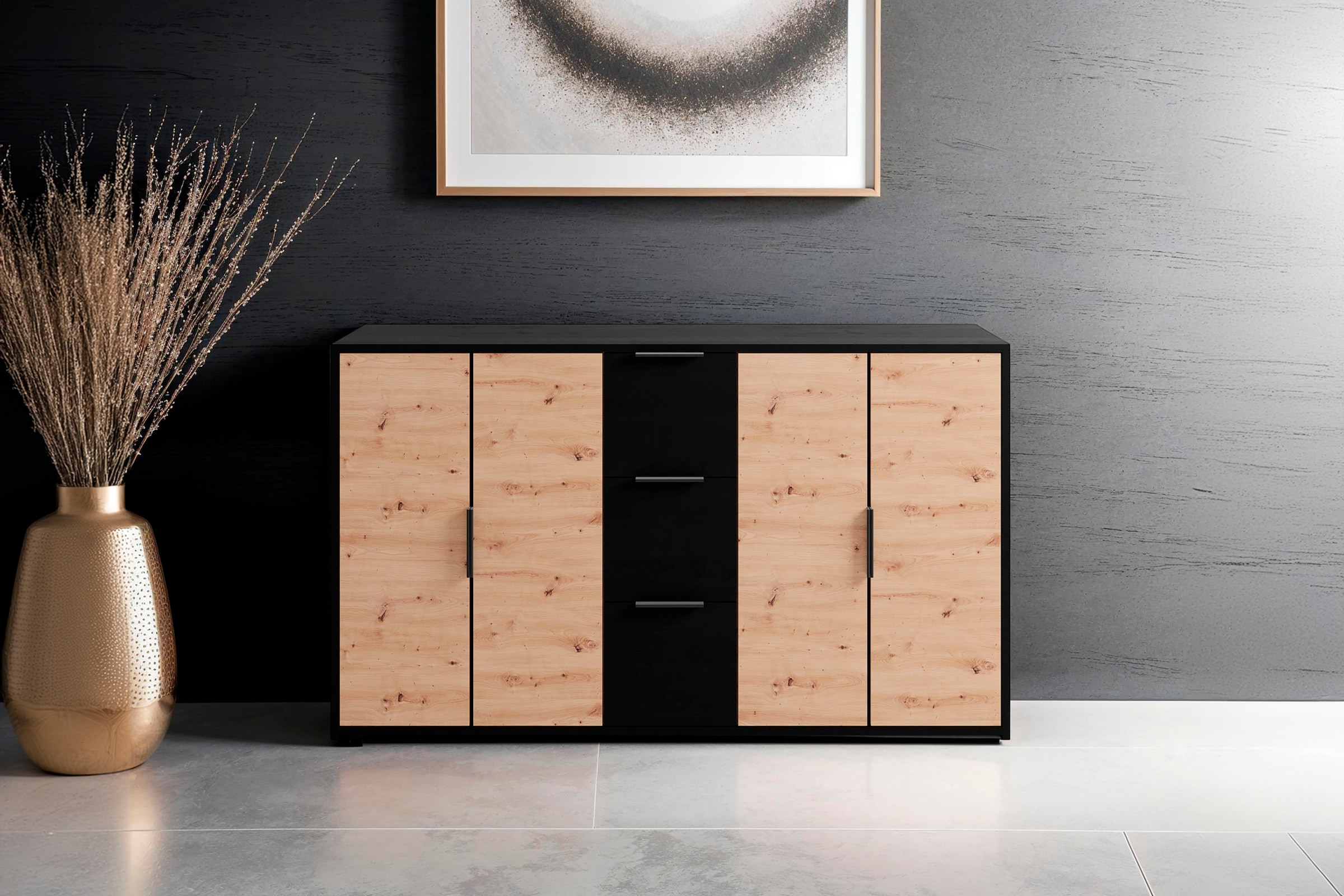 Sideboard »Rimini«, Melamin Eiche schwarz und Artisan Eiche, 3 Schubkästen, 4 Türen