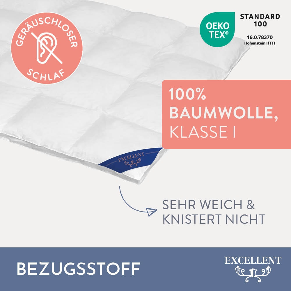 Excellent Daunenbettdecke »Zürich, Bettdecken für Sommer und Winter, Decke«, polarwarm, Füllung 100% Daunen, Bezug 100% Baumwolle, (1 St.), Bettdecke 135x200 cm, 155x220cm und weitere Größen, Made in Germany