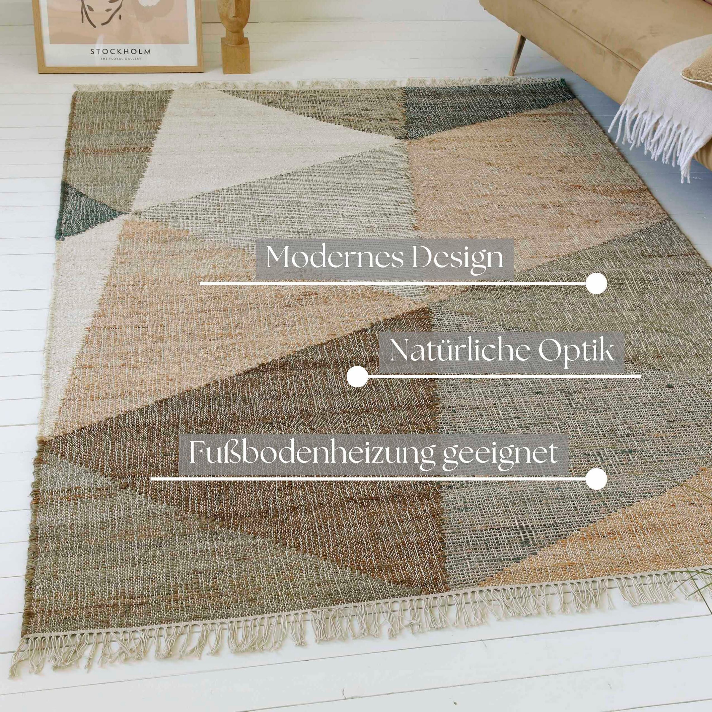 my home Teppich »Stevo, mit Fransen«, rechteckig, 4 mm Höhe, handgewebter Naturteppich, 80 % Jute, geometrisch, Esszimmer, Flur