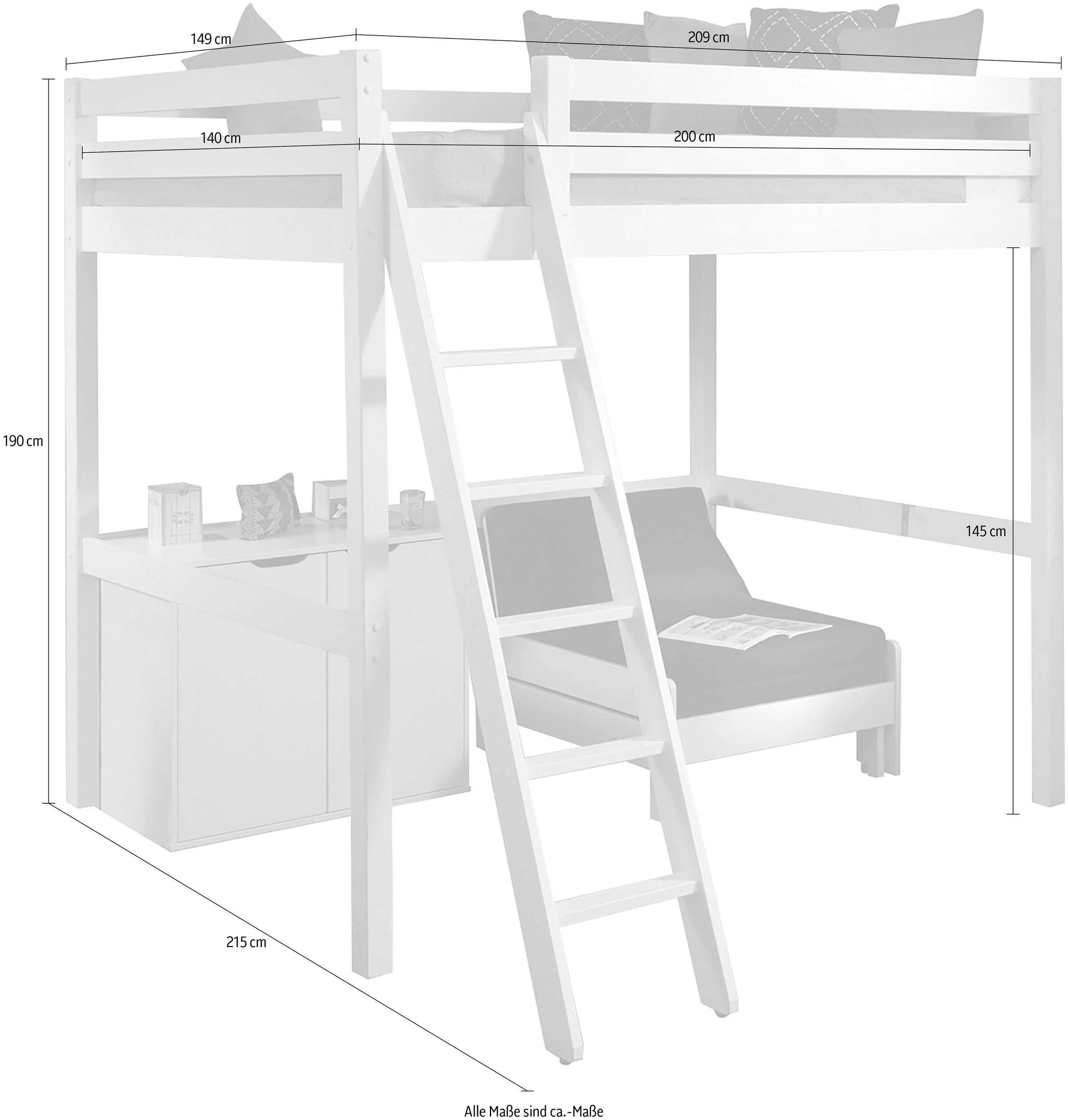 Vipack Hochbett, (Made in Europe), Hochbett mit 140 x 200 cm Liegefläche, inkl. Kommode und Schlafsessel