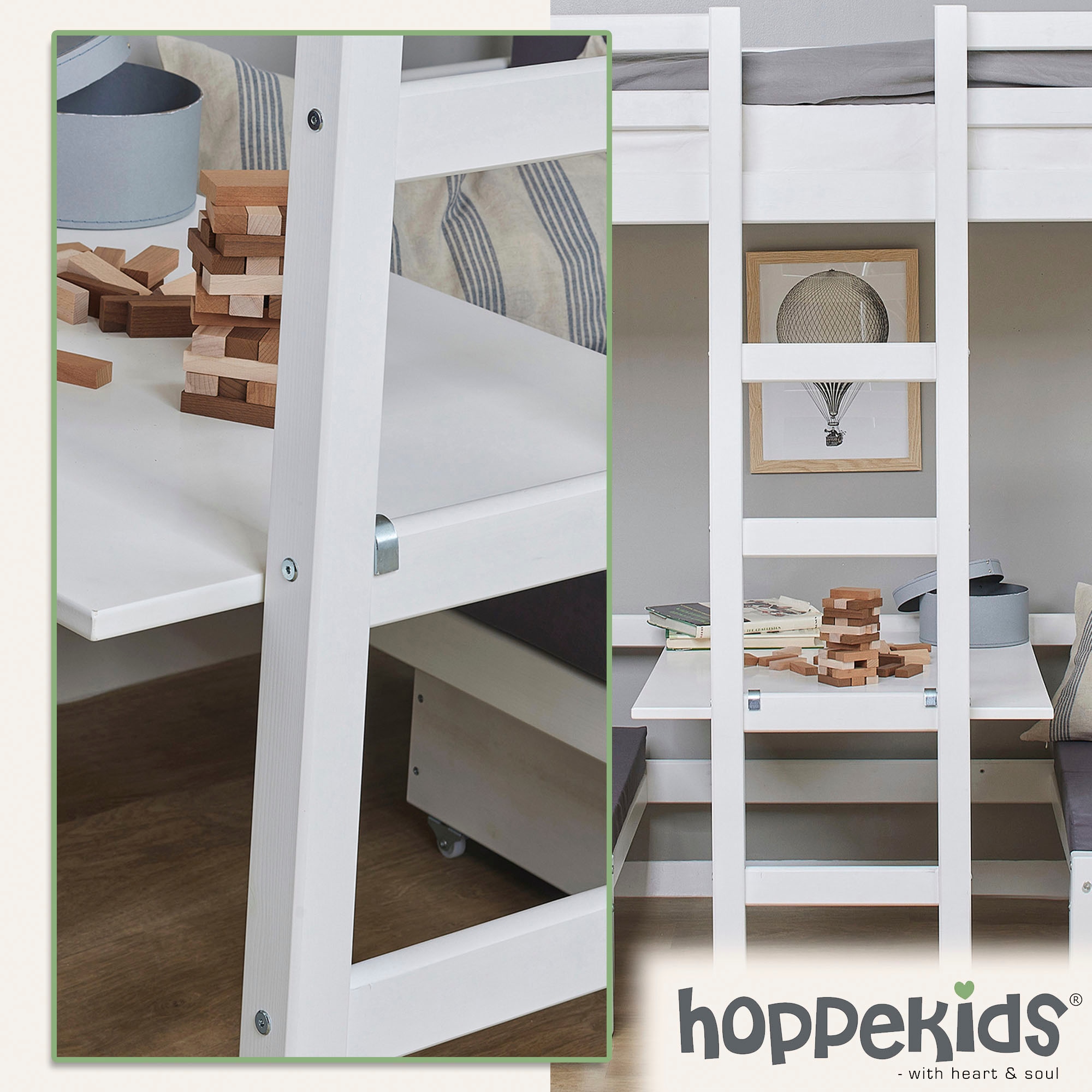 Hoppekids Hochbett »Kinderbett ECO Dream, Einzelbett, Juniorbett 90x200«, 5 verschiedene Farben: Weiß, Grün, Blau, Rosa, Grau