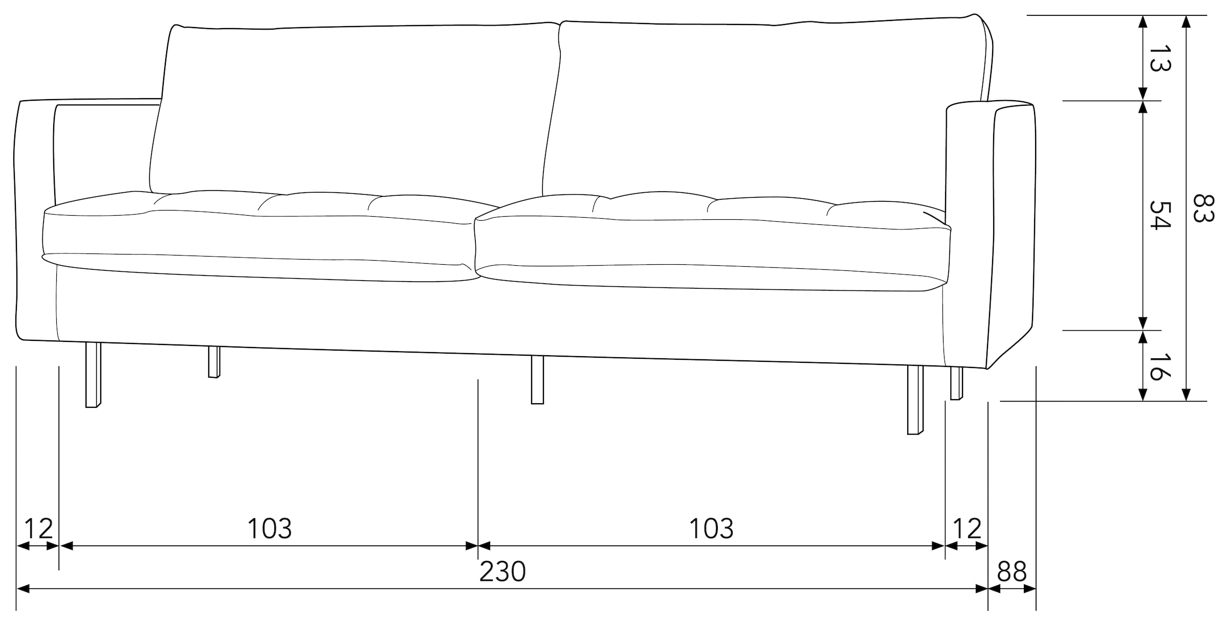 WOOOD 2,5-Sitzer »Rodeo Classic Recycling-Lederfaser-Verbundstoff H 83 x B 230 x T 88 cm« Tragkraft 200 kg, Metallbeine, pleigleicht, Gute Verschleißfestigkeit