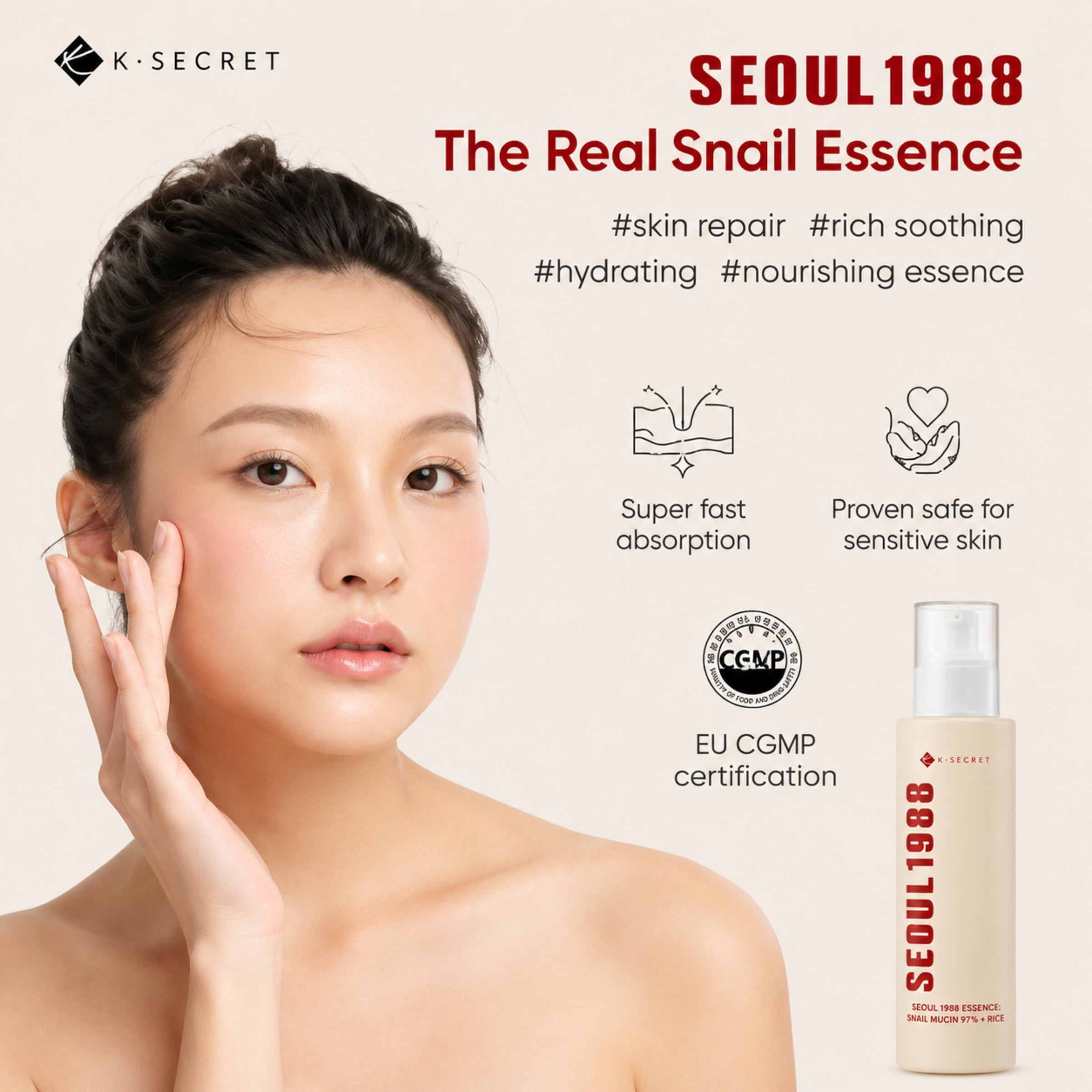 K-Secret Nachtcreme »Seoul 1988 Essence: Snail Mucin 97% + Rice« Nachtcreme für reife und trockene Haut, mit Retinal, mit Niacinamid