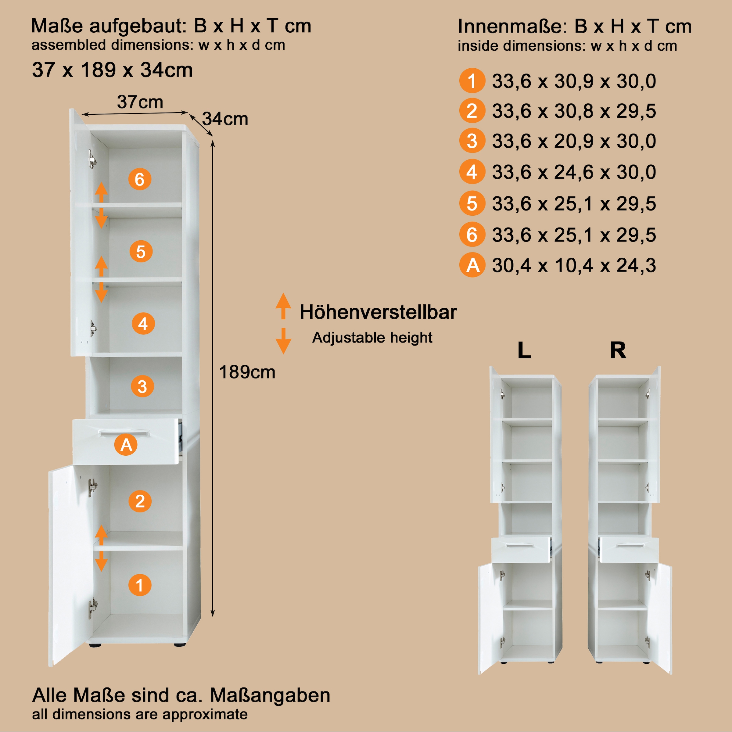 welltime Hochschrank »Mora«, Hochschrank mit 2 Türen, 1 Schublade - (B/T/H) 37/34/189 cm