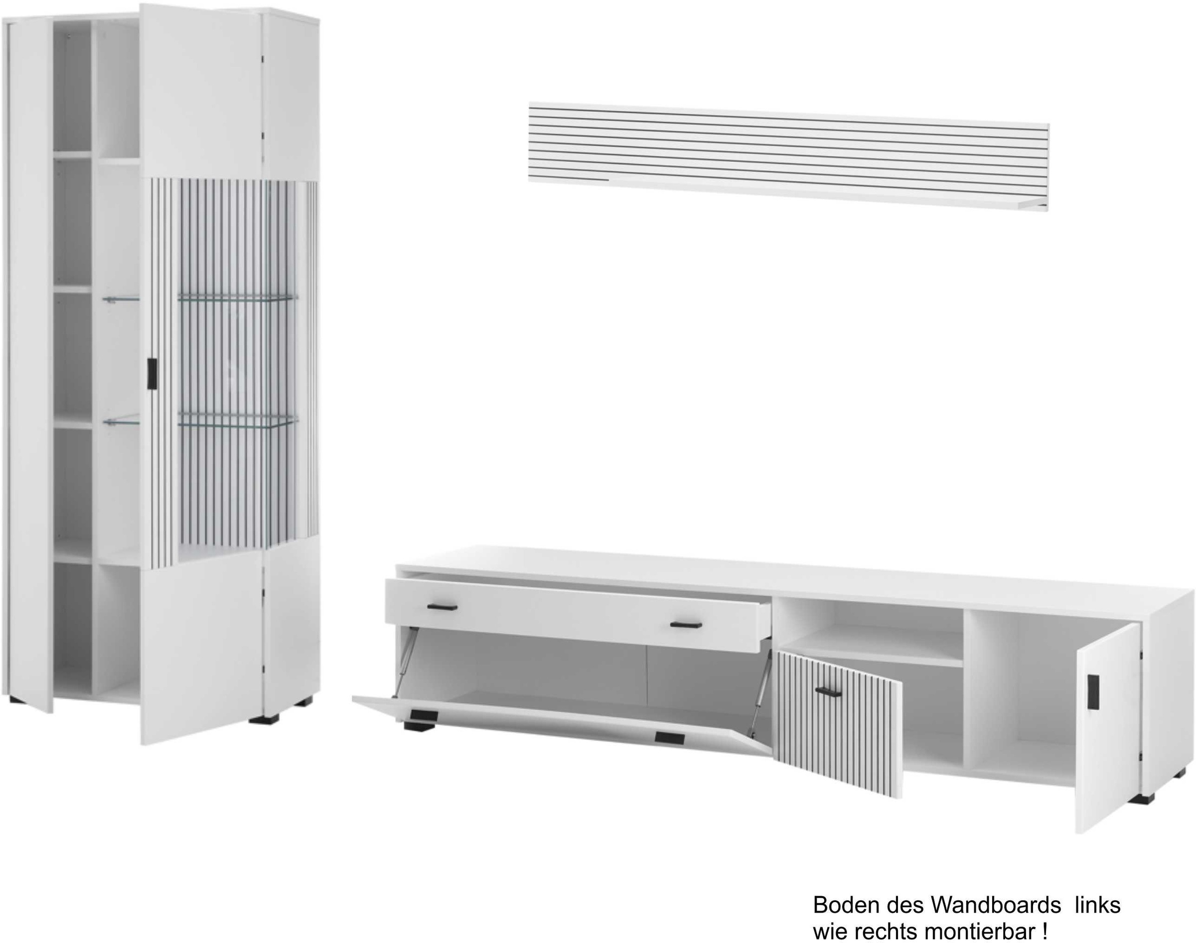 INOSIGN Wohnwand »HUDSON«, (Set, 3 St.), mit moderner Rillenoptik, Griffe aus Metall (Schwarz), Breite 285 cm