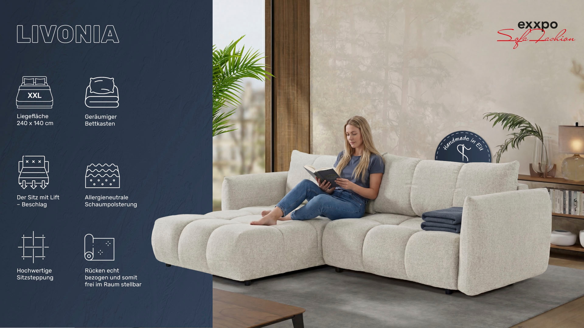 exxpo - sofa fashion Ecksofa »Livonia, B/T: 260/187, modern & praktisch für kleine Räume« Mit Bettfunktion & Bettkasten,hoher Sitzkomfort,inkl. Steppung, L-Form