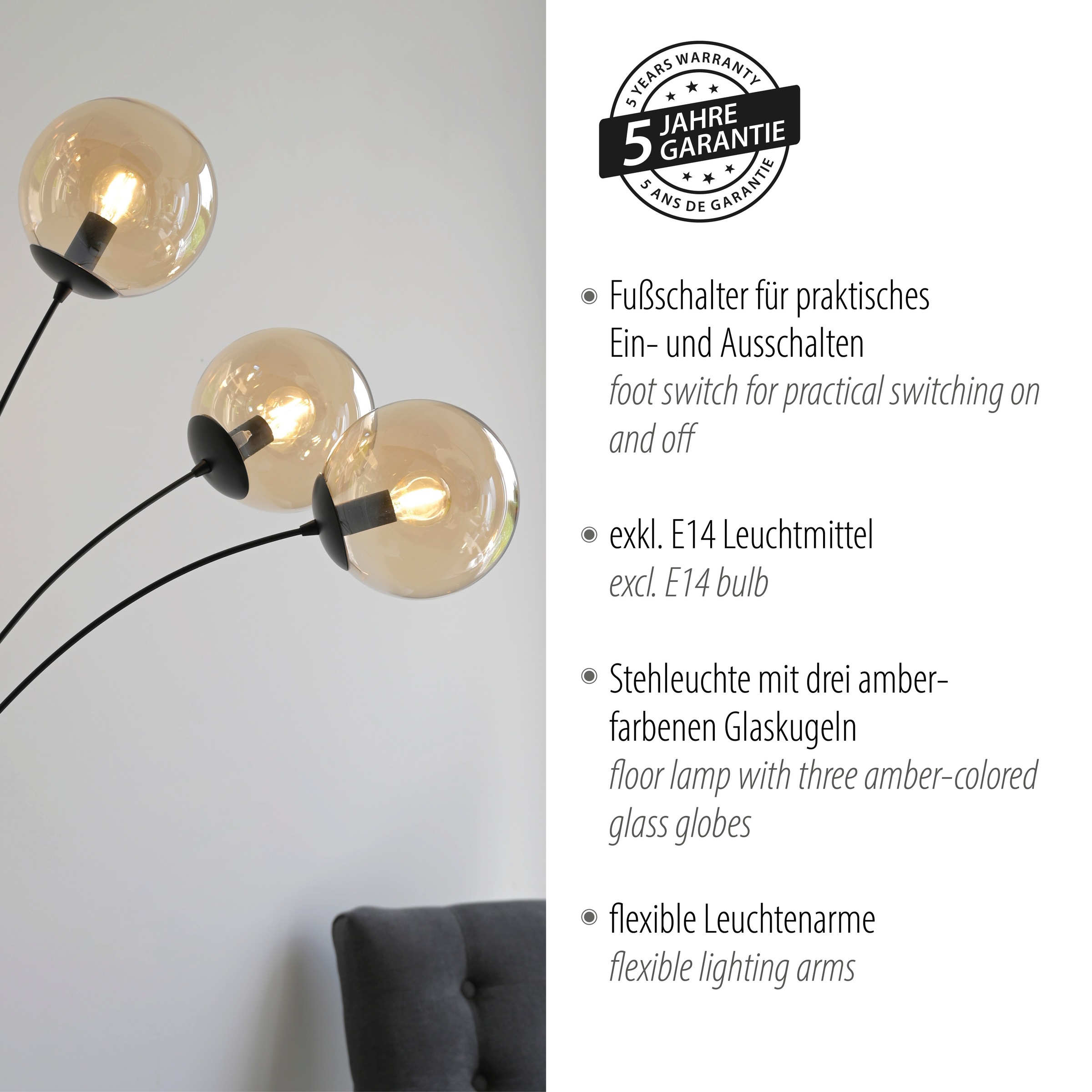 andas Stehlampe »Nymölla«, 3 flammig, Leuchtmittel E14 | ohne Leuchtmittel, Stehleuchte mit großen Glaskugeln amberfarben oder opal matt weiß