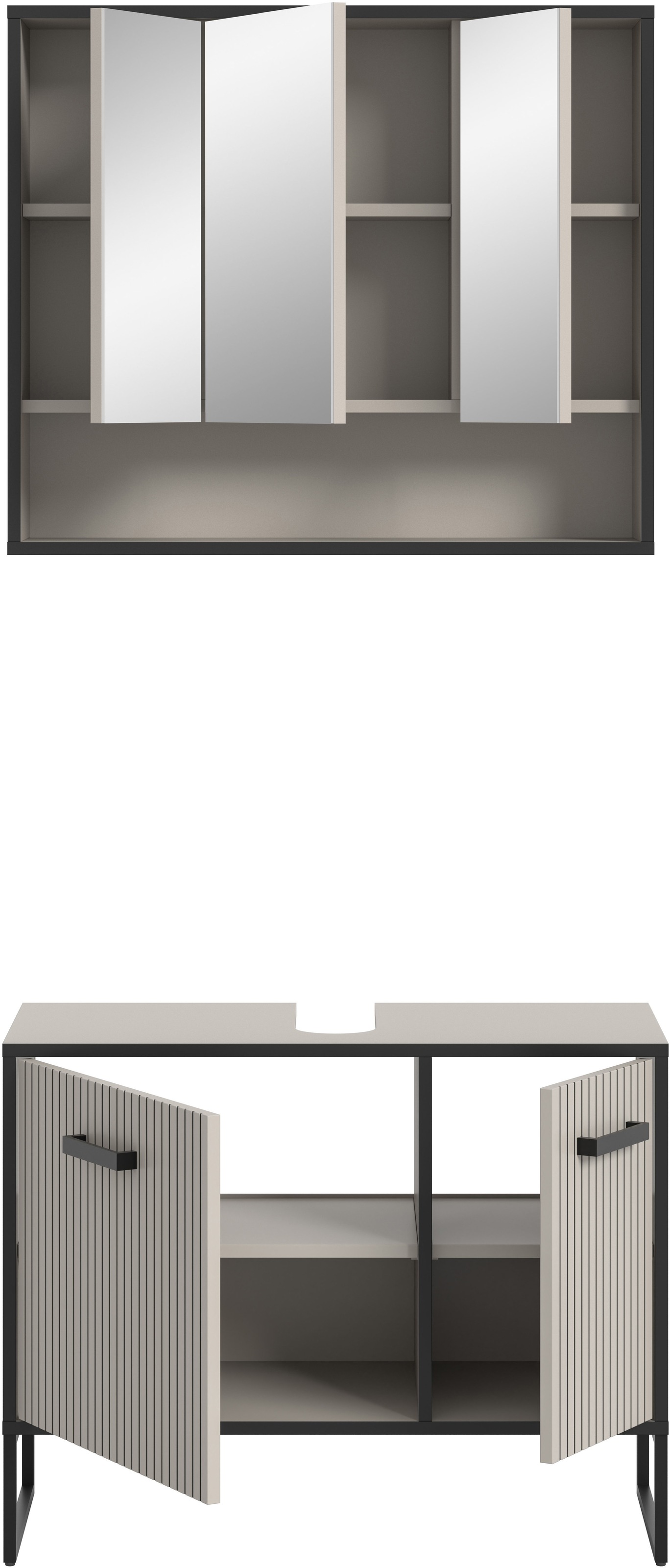 welltime Badmöbel-Set »Locri, Breite 80 cm, Rillenoptik, Metallkufen«, (2 St.), best. aus: Waschbeckenunterschrank, Spiegelschrank