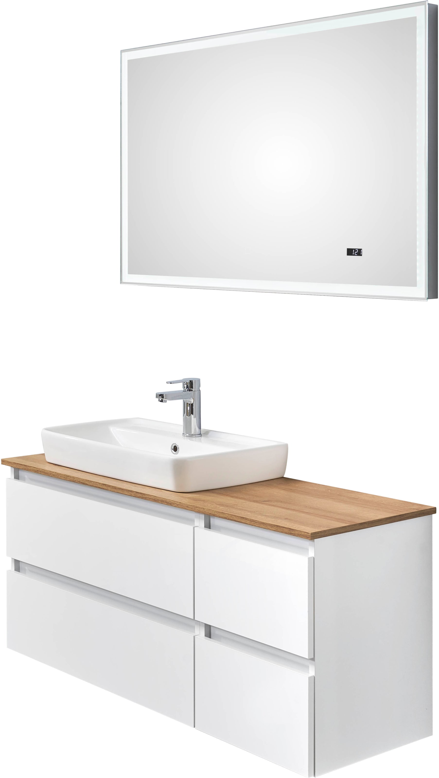 Saphir Badmöbel-Set »Quickset 360 2-teilig, mit Keramik-Aufsatzbecken und LED-Spiegel«, (Set, 2 St.), in Weiß Glanz, Riviera Eiche quer Nachbildung, 4 Schubladen