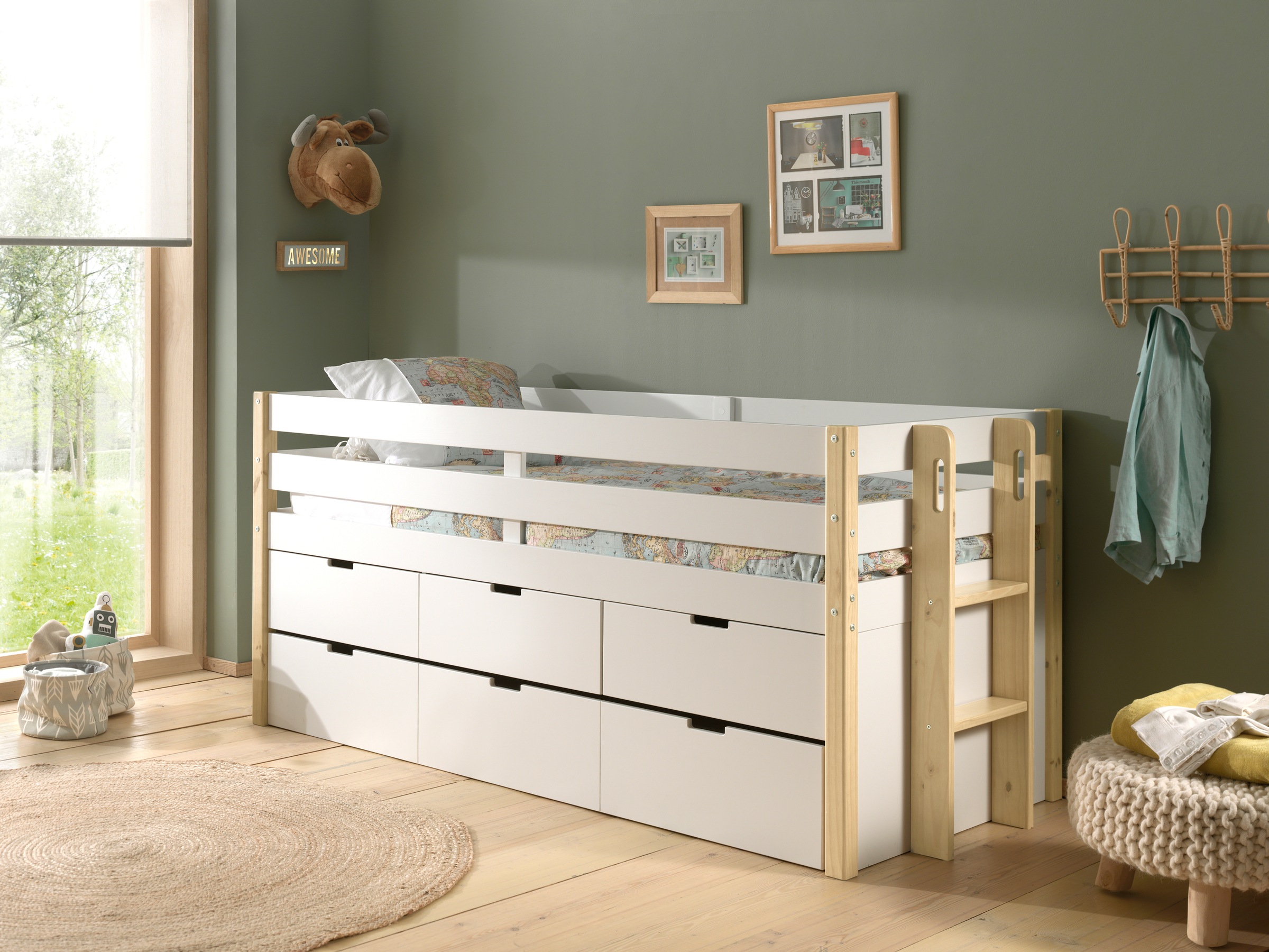 Vipack Hochbett »Magrit, mit 3 geräumingen Schubladen, viel Stauraum, moderne Optik«, (B/H/T ca. 219,4x100x97,8cm, MDF weiß lackiert, Kiefer natur), wahlweise mit oder ohne Bettschublade als zusätzlichen Stauraum