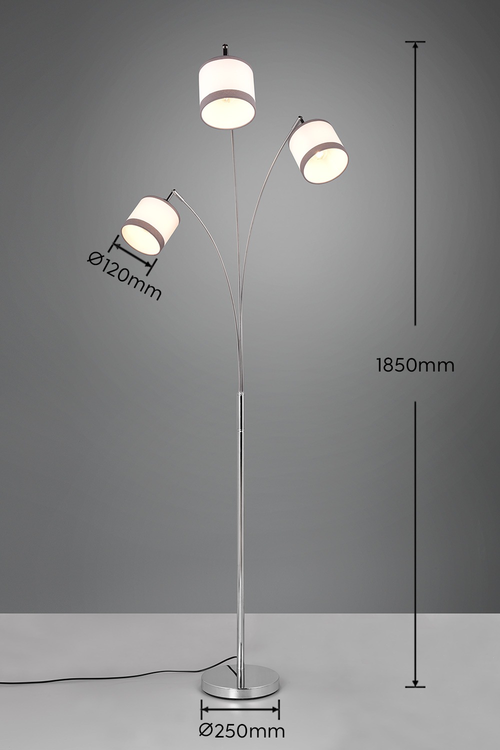 REALITY Leuchten Stehlampe »DAVOS, Stehleuchte 3-flammig exkl 3xE14 max 28W Fußschalter 185cm hoch«, 3 flammig, Leuchtmittel E14 | Leuchtmittel wechselbar, Stehlampe Metall mit 2-farbigen Stoffschirmen Bogenlampe Bogenleuchte