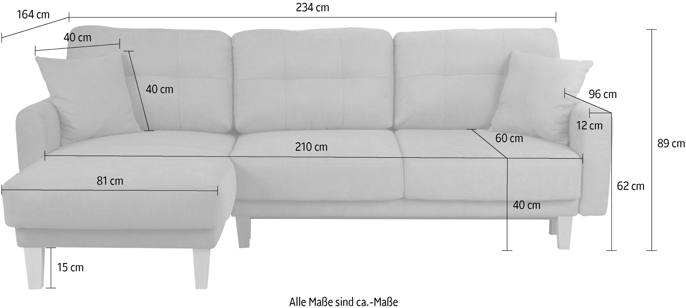 Home affaire Ecksofa »TRIPLO optionale Schlafsofa mit Bettkasten, Maße B/T/H: 234/164/89 cm«, L-Form wahlweise mit Bettfunktion - Liegefläche 132x210 cm