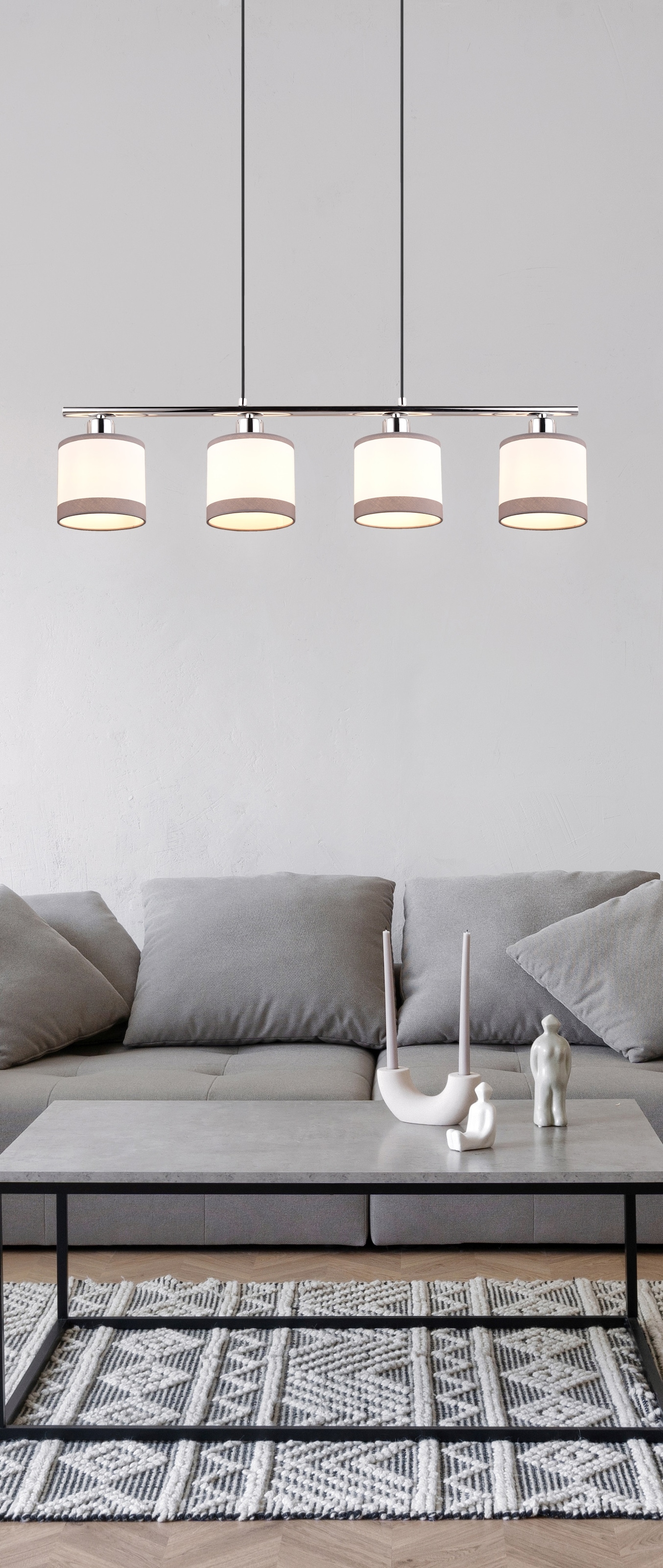 REALITY Leuchten Pendelleuchte »DAVOS, Hängeleuchte 4-flammig exkl 4x E14 max 10W höhenverstellbar«, 4 flammig, Leuchtmittel E14 | Leuchtmittel wechselbar, Hängelampe mit Stoffschirmen 2-farbig Höhe bis max 150cm verstellbar