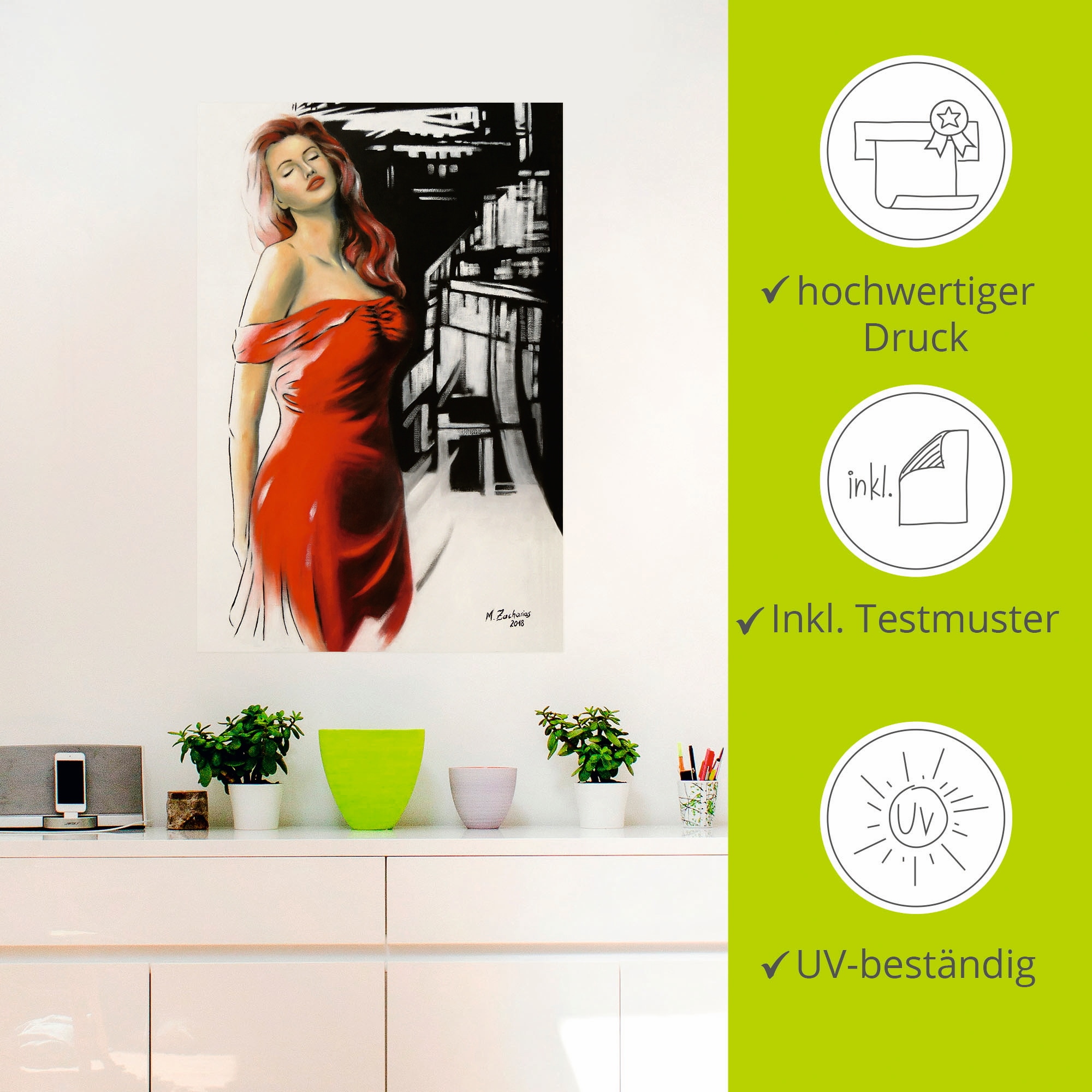 Artland Wandbild »Schönheit im roten Kleid«, Frau, (1 St.), als Alubild, Outdoorbild, Leinwandbild, Poster, Wandaufkleber