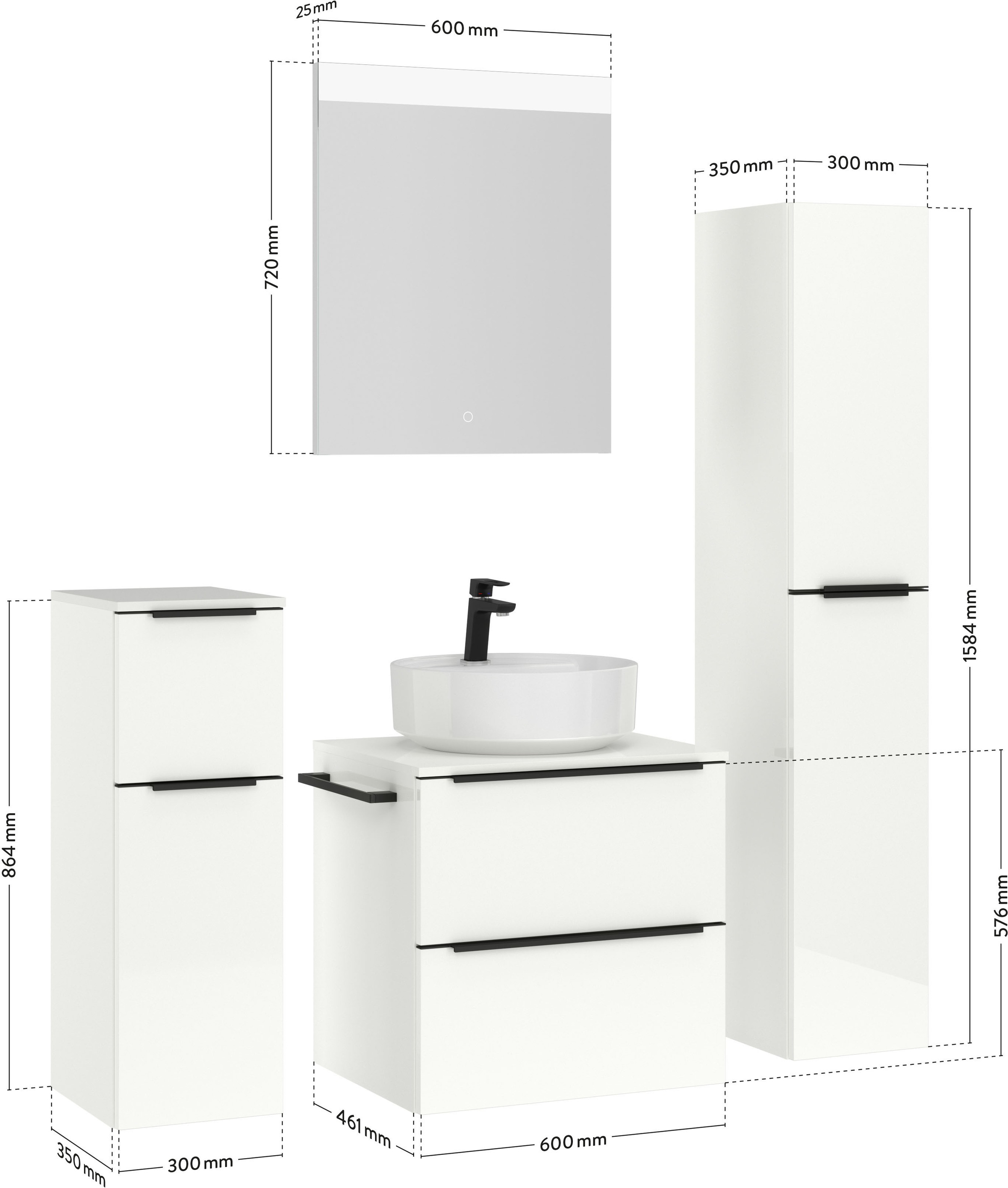 nobilia® Badmöbel-Set »Alvene«, (4 St., vormontiert, mit Soft-Close), Hochglanz, inkl. Spiegel mit Touch-Sensor, in vier Breiten