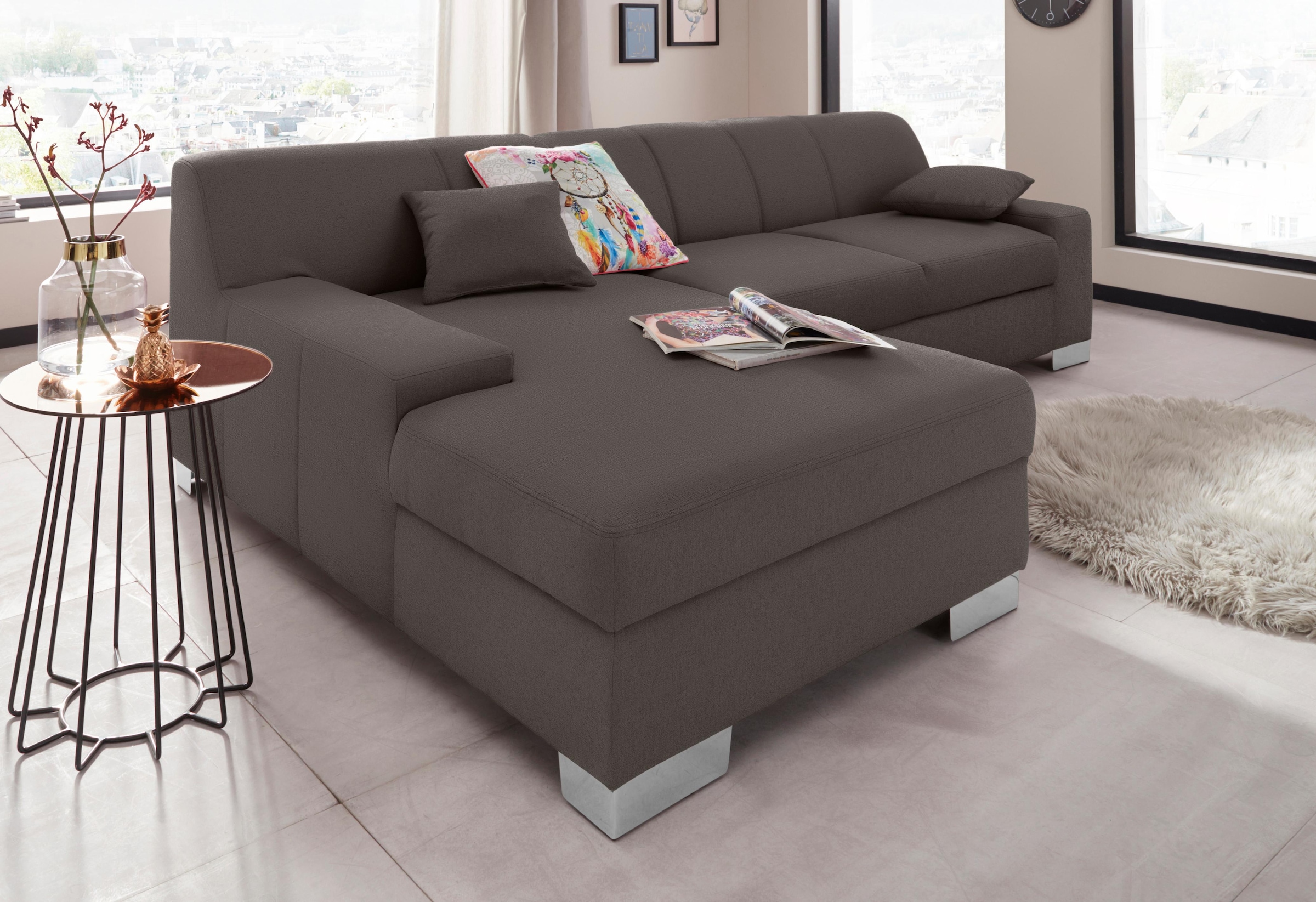 DOMO collection Ecksofa »Bero, elegant und zeitlos, flache  Armlehnen, Breite 268cm L-Form« fester Sitzkomfort, wahlweise mit Bettfunktion