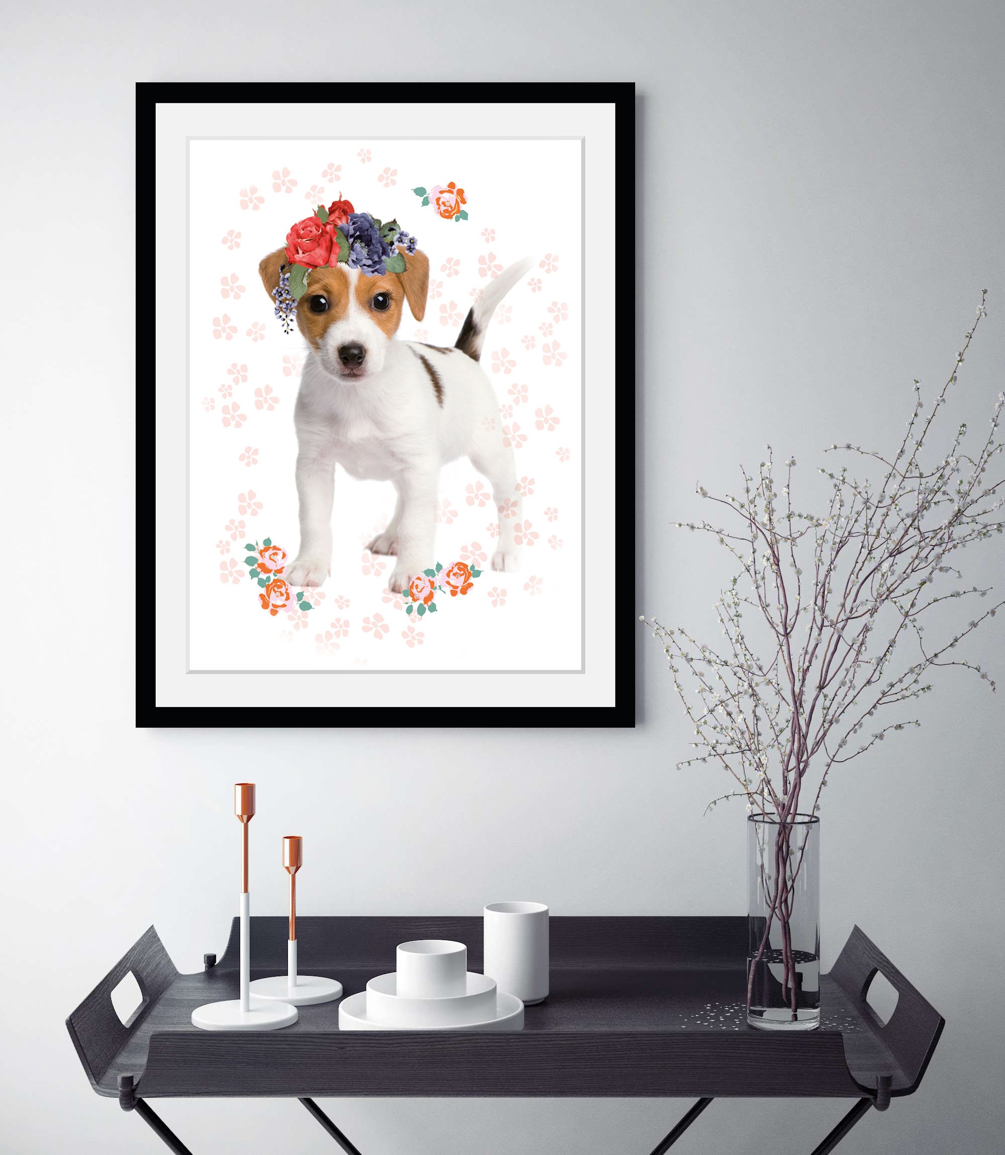 queence Bild »Hund mit Blumenkranz«, (1 St.), HD Premium Poster-Druck inkl. günstig online kaufen
