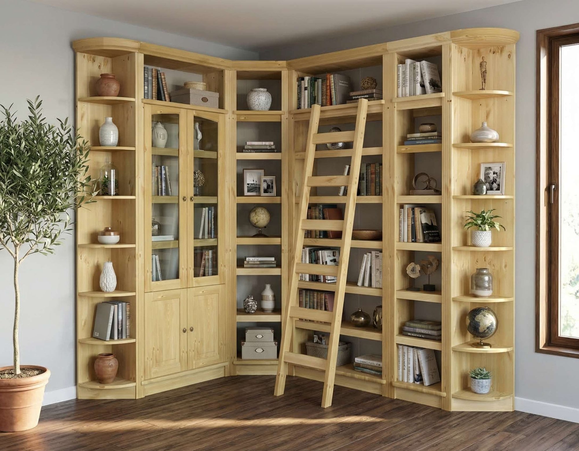 OTTO home Bibliothek »Soeren - 7-tlg. Set: mit 1 Regal B 80 cm., 1 Regal B 40 cm, 1 Eckregal« Set, 7 Stk. tlg. Inkl. 1 Vitrine,2 gerundeten Abschlussregalen und 1 Holzleiter,H220 cm