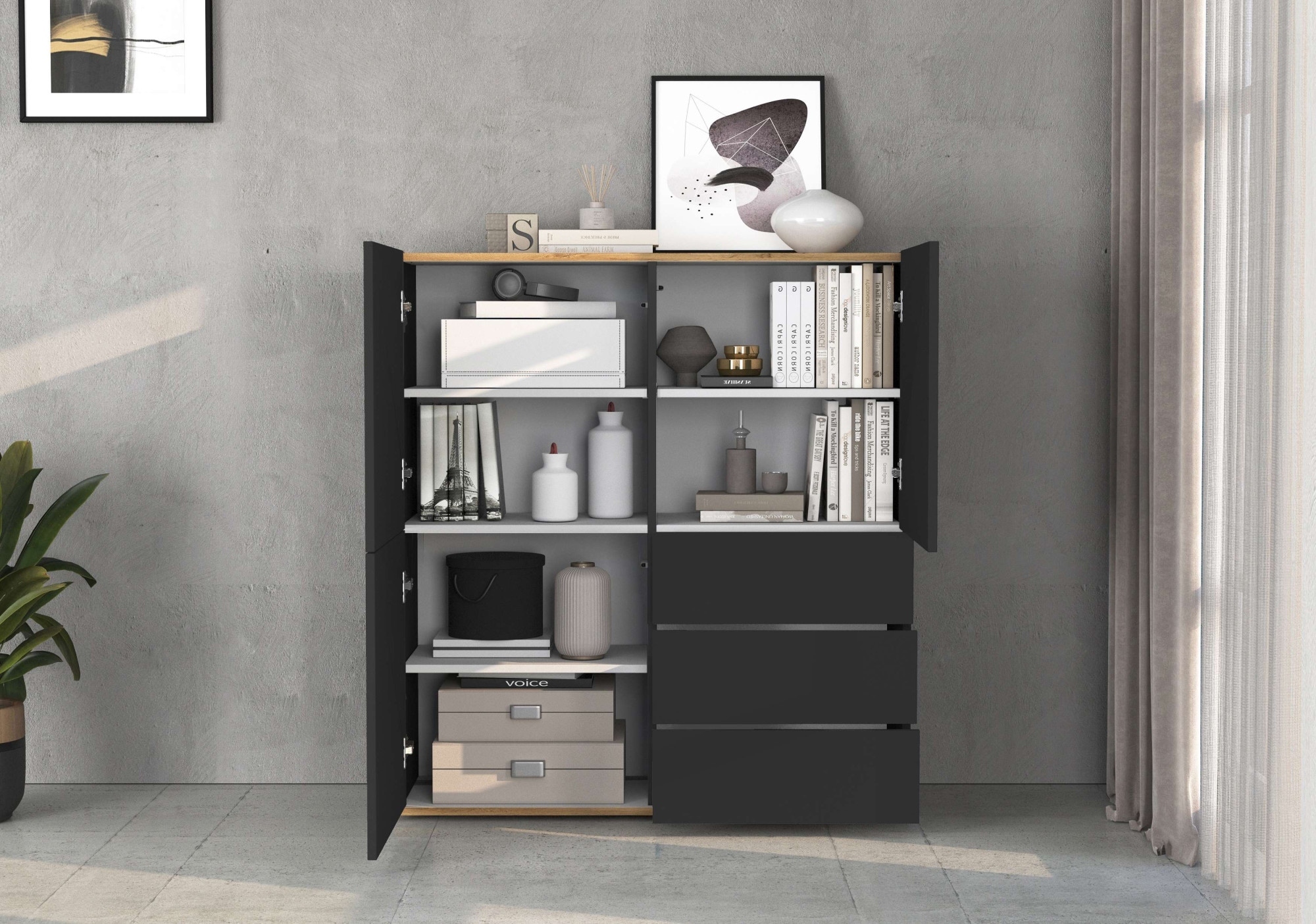 INOSIGN Highboard »GARDA Highboard, Kommode, Schrank, Grifflos mit Push to Open«, (1 St.), 3 Türen, 3 Schubladen, grifflos Breite 102 cm